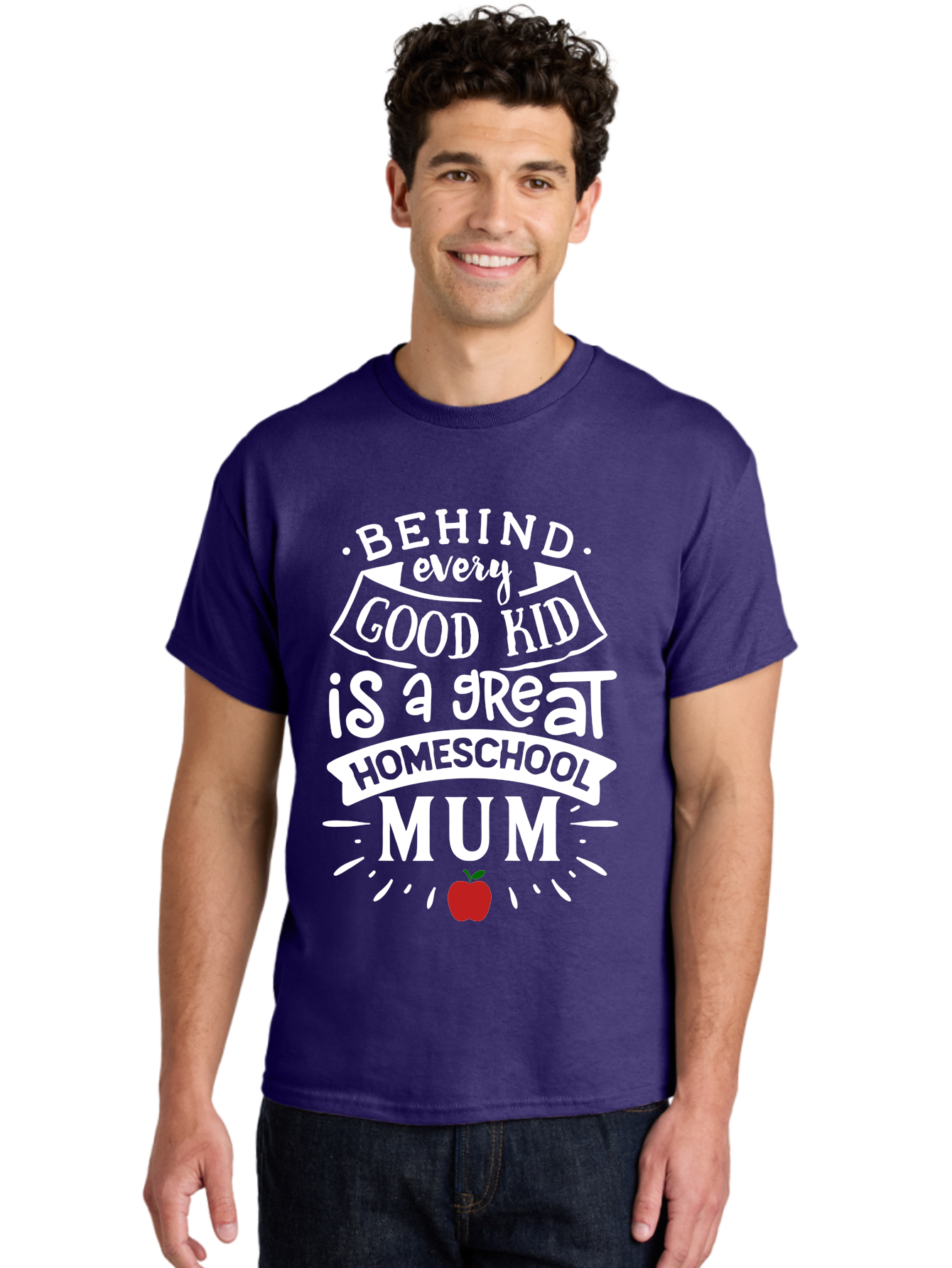 Behind-Every-Good-Kid-Is-A-Great-Homeschool-Mum-2 Men'S Graphic Tee, 100% Cotton, Comfortable Casual Summer Wear, Machine Washable, Homeschooling Mom, Proud Parent, Homeschool Quote, Apple Symbol, Educational Support, Parenting Pride, Aab317 4