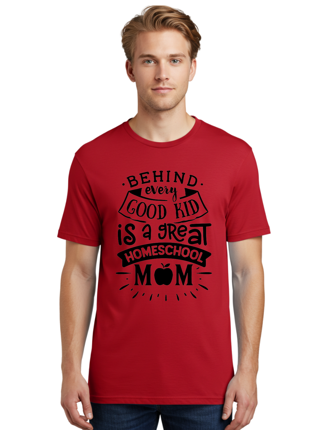 Behind-Every-Good-Kid Men'S Graphic Tee, 100% Cotton, Comfortable Casual Summer Wear, Machine Washable, Homeschool Mom Appreciation, Proud Homeschool Parent, Homeschooling Inspiration, Supportive Mom Quote, Apple Symbol Education Aab319 6