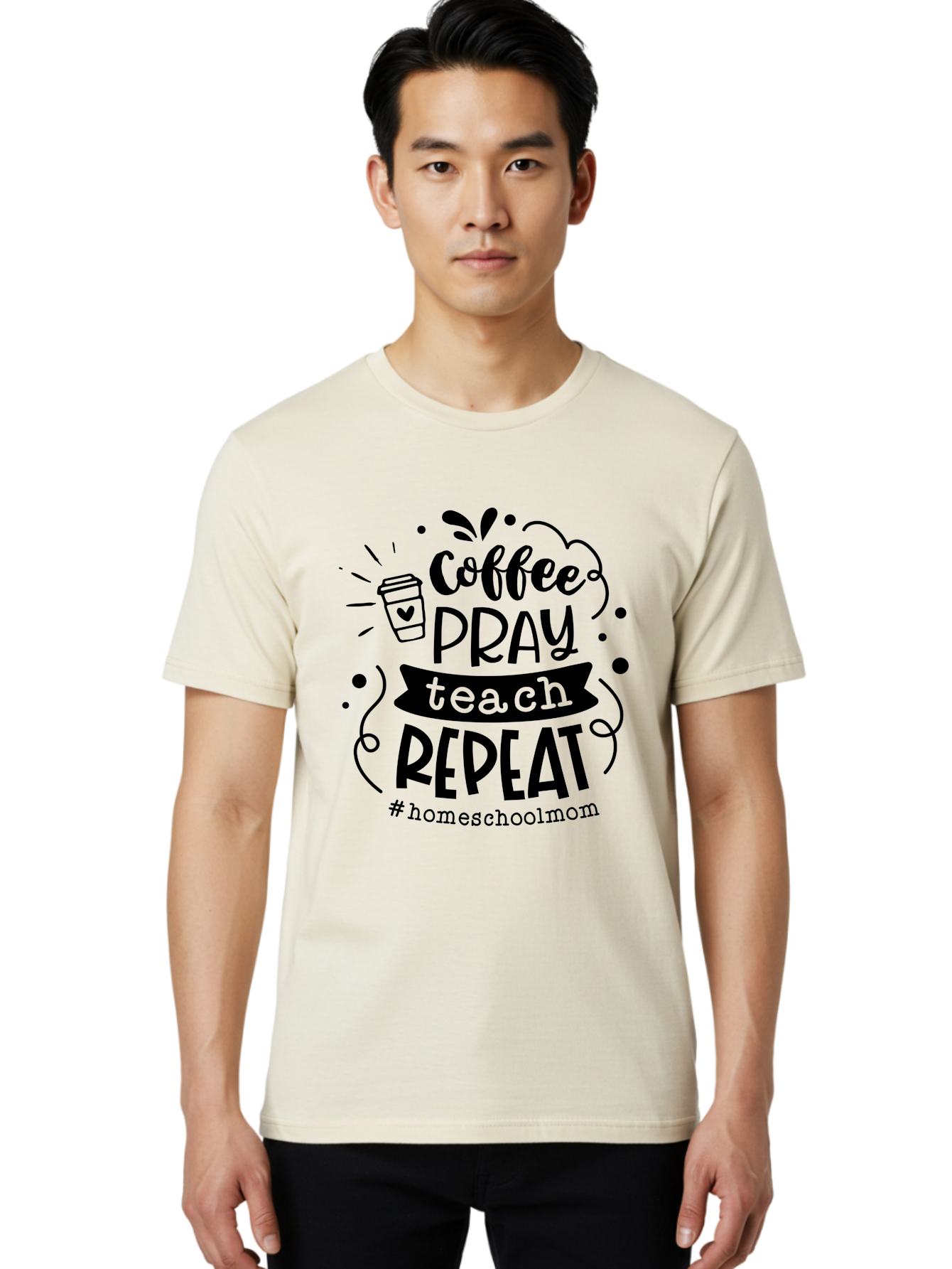 Coffee-Pray-Teach-Repeat-3 Men'S Graphic Tee, 100% Cotton, Comfortable Casual Summer Wear, Machine Washable, Homeschool Mom Quote, Inspirational Quote, Teacher Humor, Coffee Lover, Teaching Mantra, Homeschooling, Education, Motivational Quote, Aab328 24