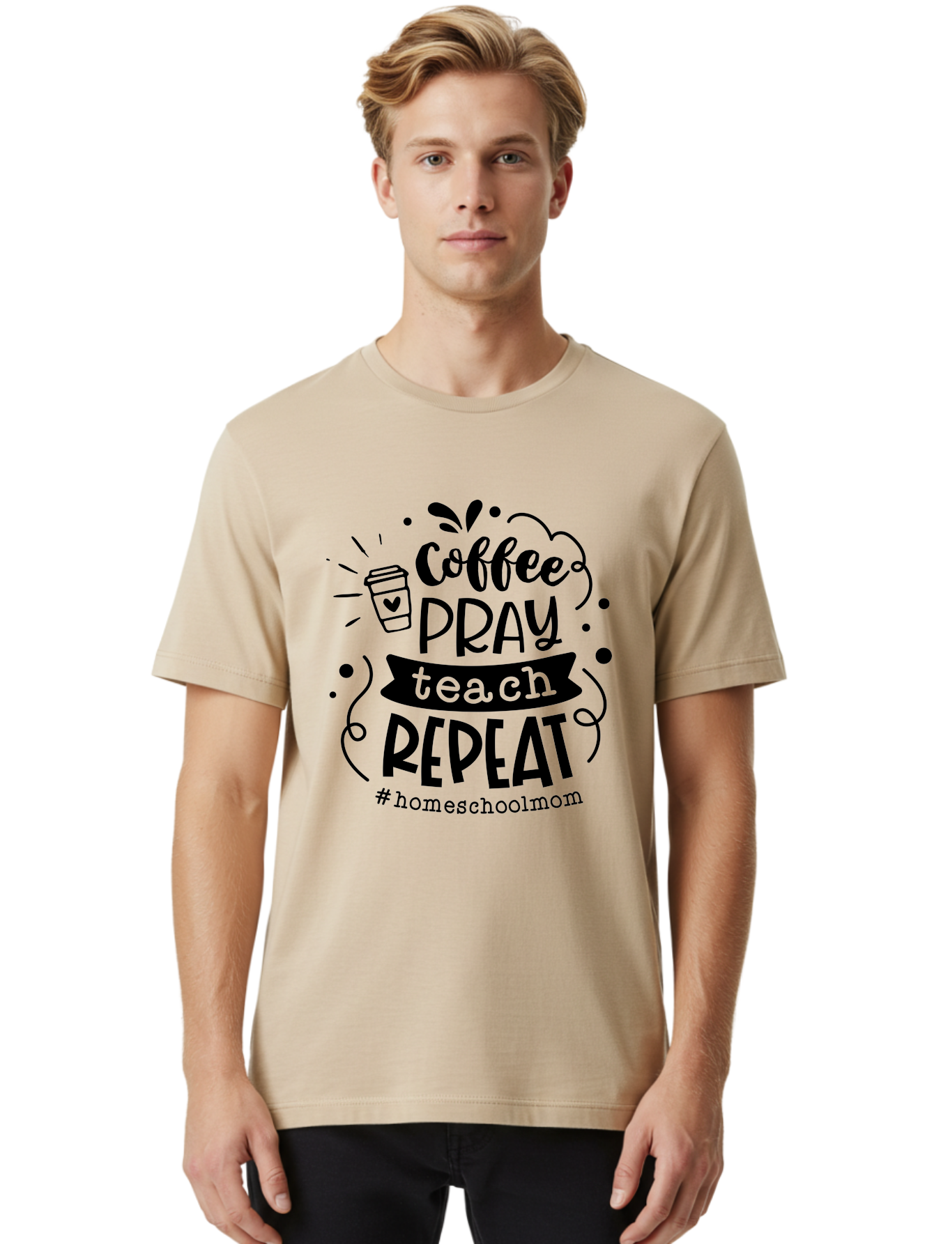 Coffee-Pray-Teach-Repeat-3 Men'S Graphic Tee, 100% Cotton, Comfortable Casual Summer Wear, Machine Washable, Homeschool Mom Quote, Inspirational Quote, Teacher Humor, Coffee Lover, Teaching Mantra, Homeschooling, Education, Motivational Quote, Aab328 20