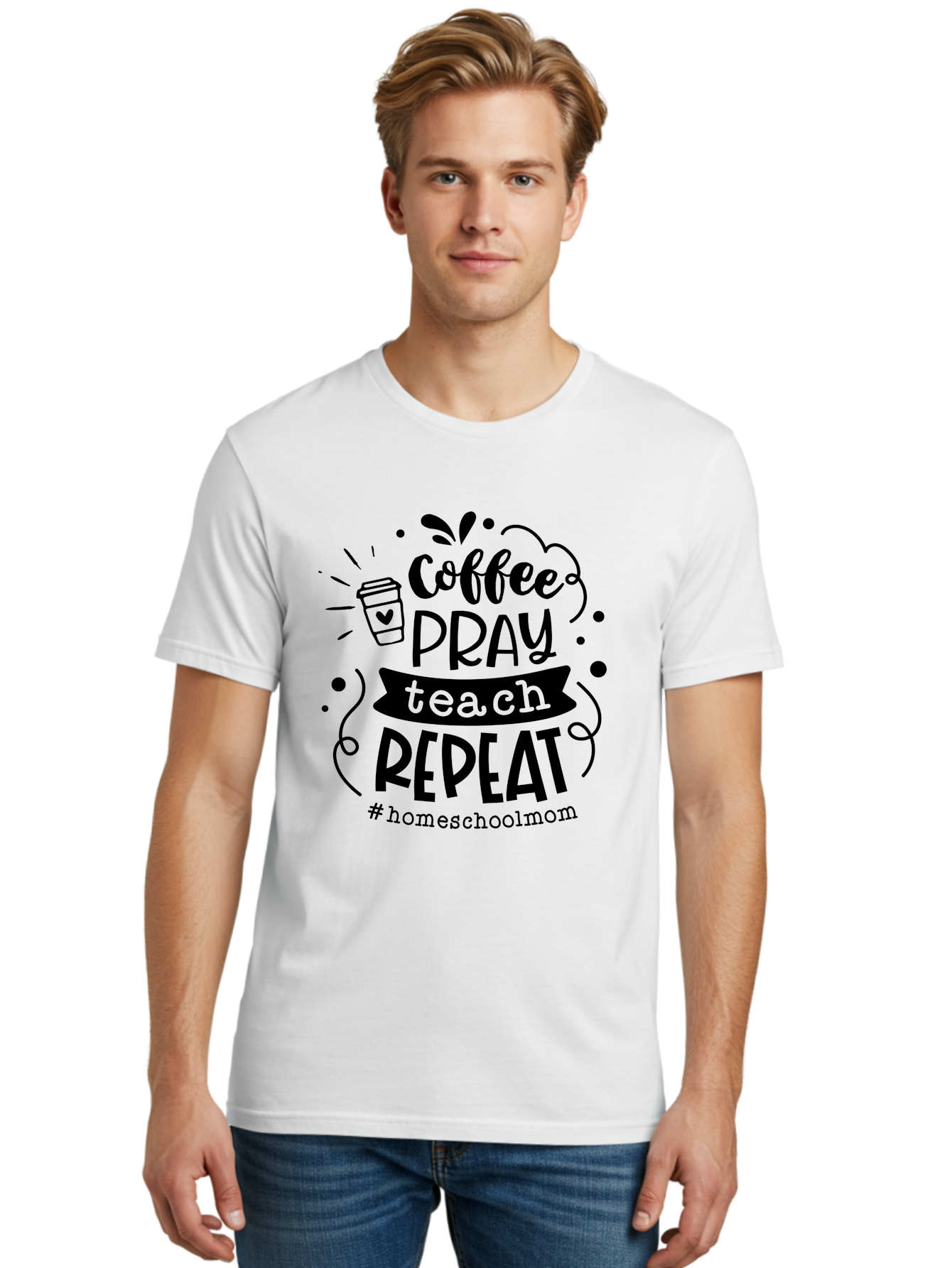 Coffee-Pray-Teach-Repeat-3 Men'S Graphic Tee, 100% Cotton, Comfortable Casual Summer Wear, Machine Washable, Homeschool Mom Quote, Inspirational Quote, Teacher Humor, Coffee Lover, Teaching Mantra, Homeschooling, Education, Motivational Quote, Aab328 2
