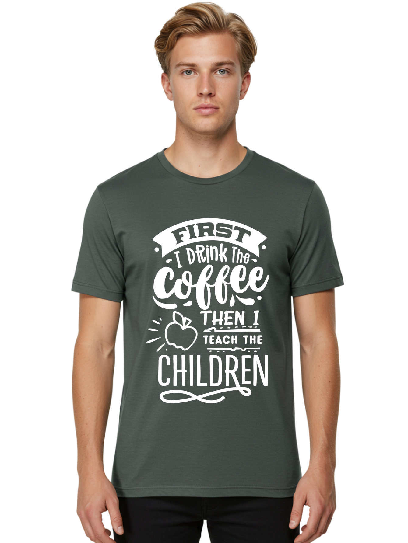 First-I-Drink-Coffee-Then-I-Teach-Children Men'S Graphic Tee, 100% Cotton, Comfortable Casual Summer Wear, Machine Washable, Funny Teacher Quotes, Coffee Lover, Teaching Humor, Education Profession, Morning Motivation, Apple Illustration, Aab330 2