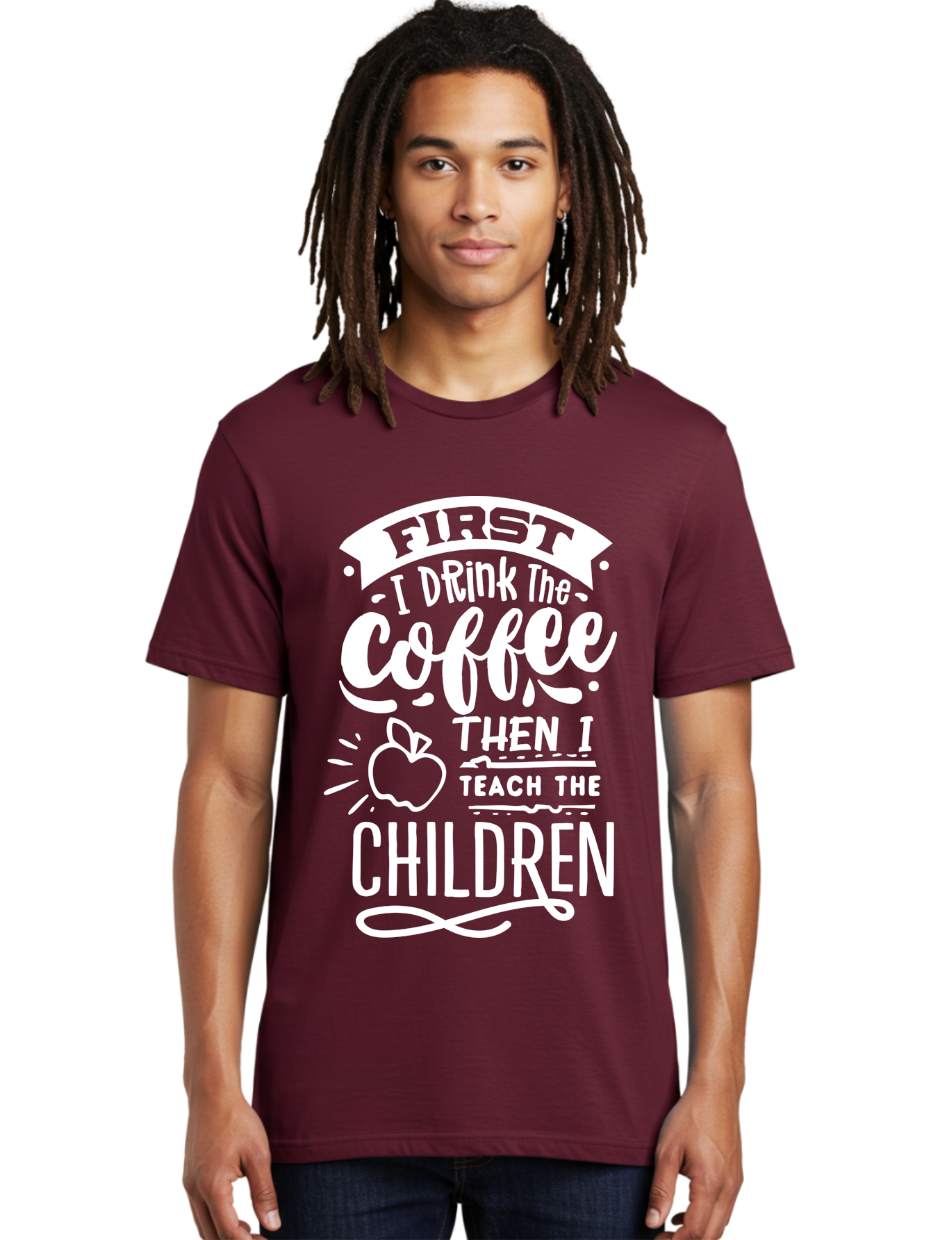 First-I-Drink-Coffee-Then-I-Teach-Children Men'S Graphic Tee, 100% Cotton, Comfortable Casual Summer Wear, Machine Washable, Funny Teacher Quotes, Coffee Lover, Teaching Humor, Education Profession, Morning Motivation, Apple Illustration, Aab330 18