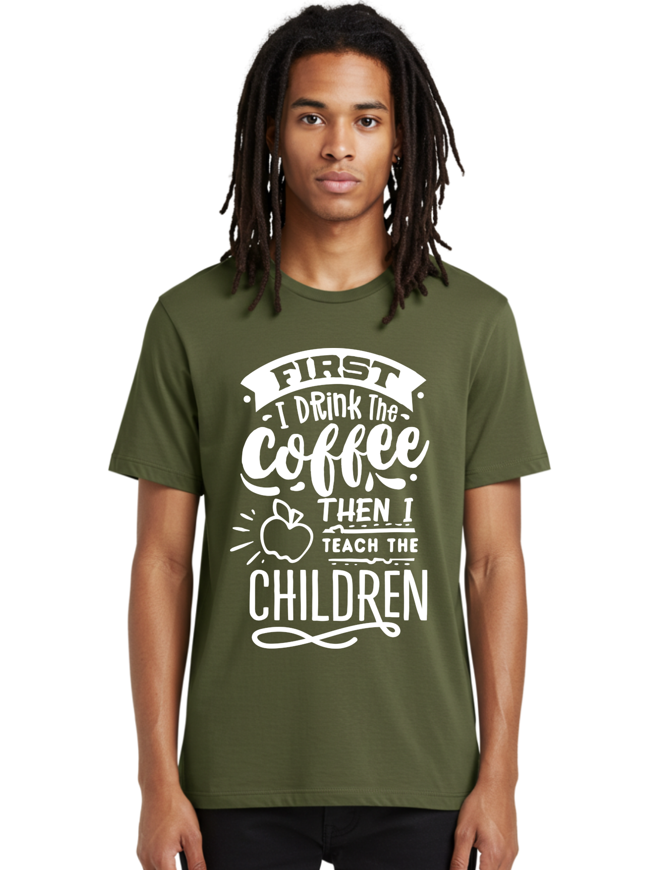 First-I-Drink-Coffee-Then-I-Teach-Children Men'S Graphic Tee, 100% Cotton, Comfortable Casual Summer Wear, Machine Washable, Funny Teacher Quotes, Coffee Lover, Teaching Humor, Education Profession, Morning Motivation, Apple Illustration, Aab330 26