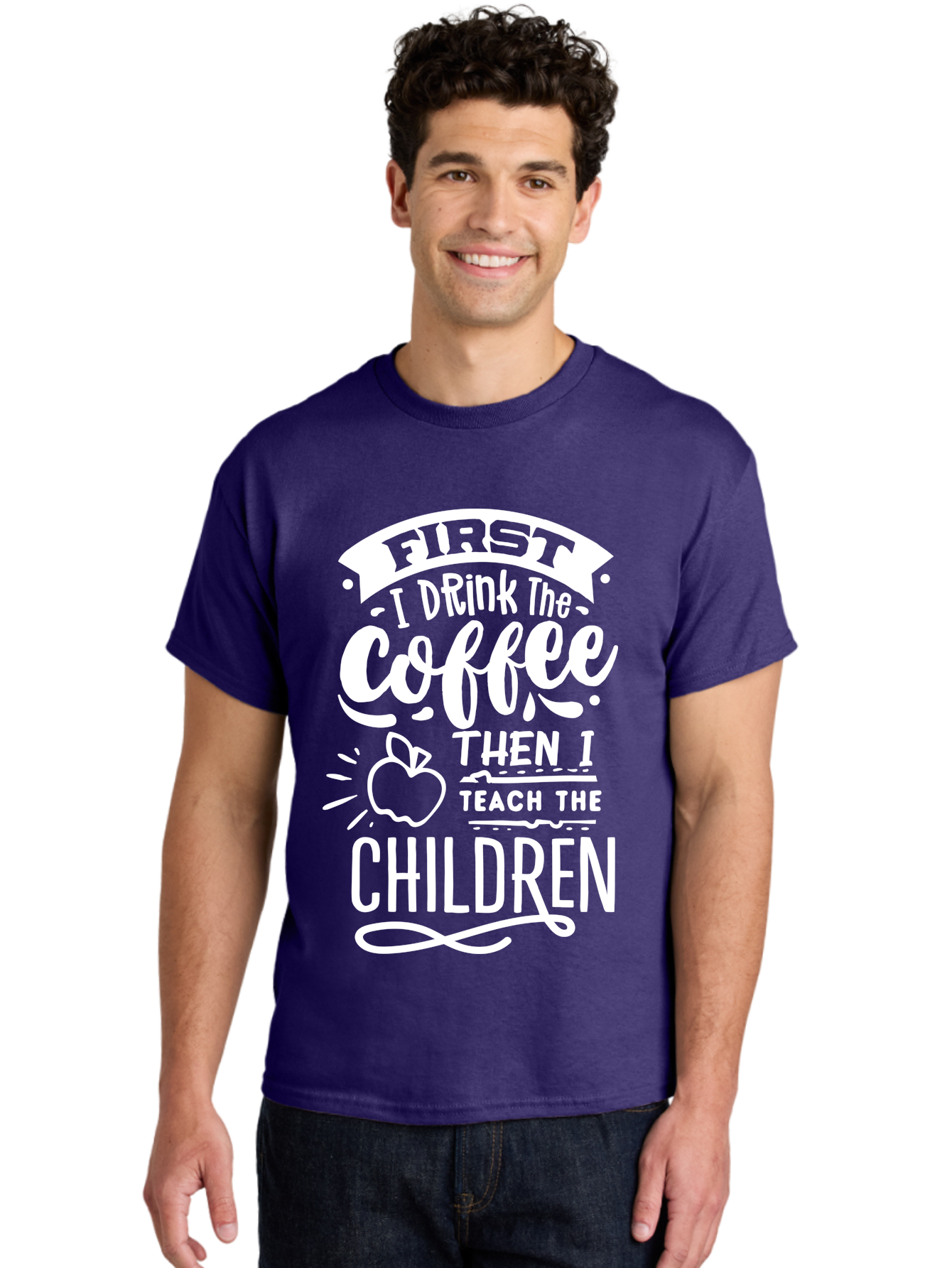 First-I-Drink-Coffee-Then-I-Teach-Children Men'S Graphic Tee, 100% Cotton, Comfortable Casual Summer Wear, Machine Washable, Funny Teacher Quotes, Coffee Lover, Teaching Humor, Education Profession, Morning Motivation, Apple Illustration, Aab330 10