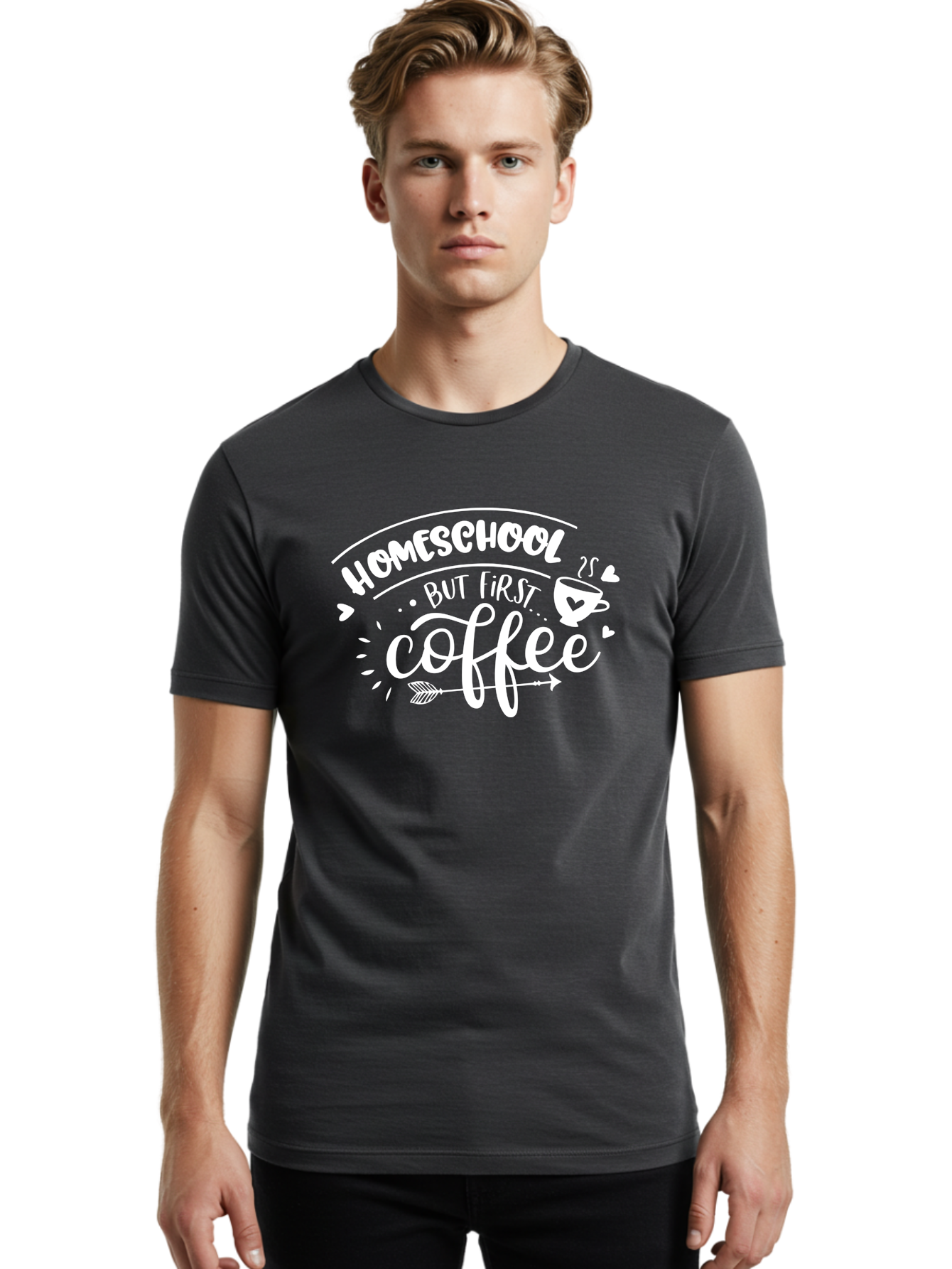Homeschool-But-First-Coffee Men'S Graphic Tee, 100% Cotton, Comfortable Casual Summer Wear, Machine Washable, Homeschool Humor, Coffee Lover, Homeschooling Parents, Funny Quote, Morning Motivation, Coffee Fueled, Parenting Life, Aab335 2