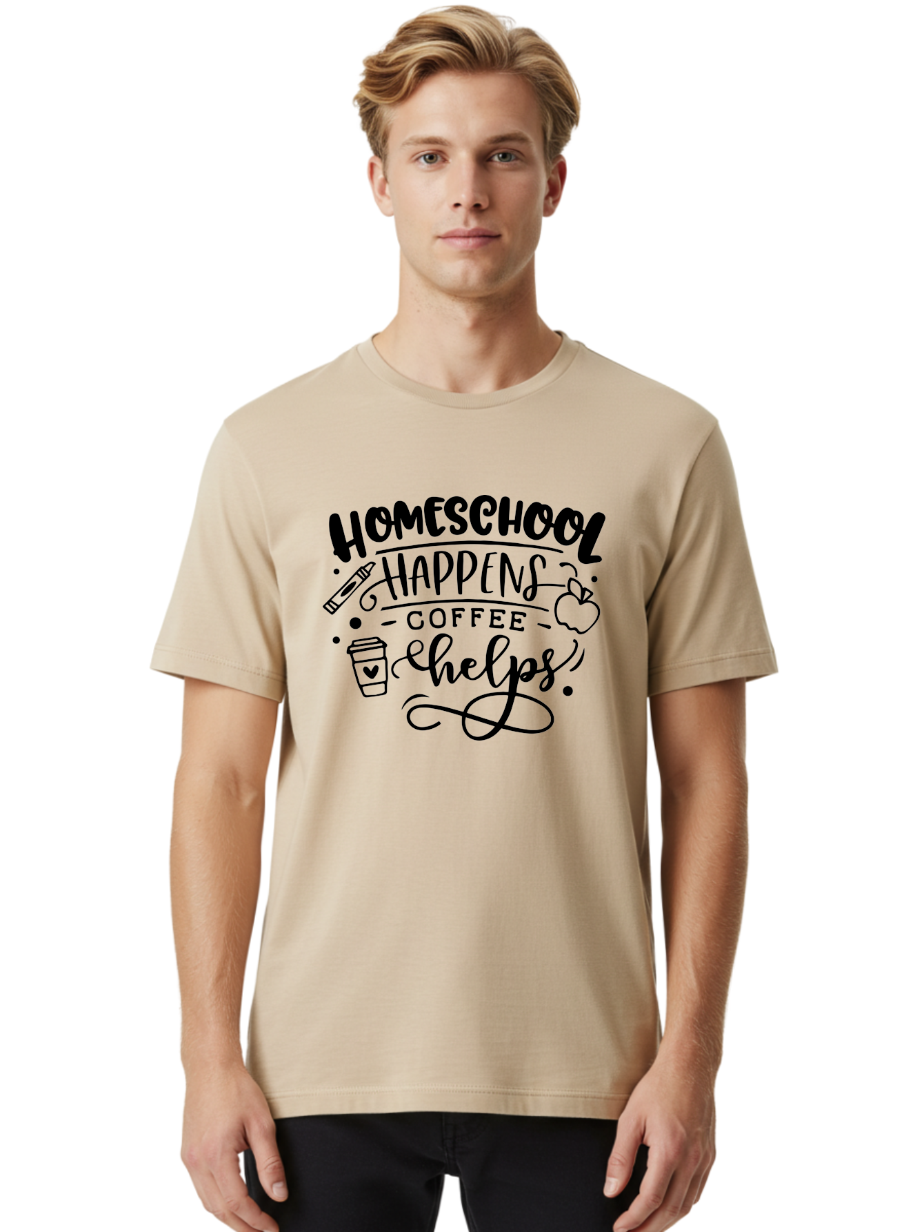 Homeschool-Happens-Coffee-Helps-1 Men'S Graphic Tee, 100% Cotton, Comfortable Casual Summer Wear, Machine Washable, Homeschooling, Coffee Culture, Educational Quotes, Inspirational Sayings, Homeschool Parents, Coffee Lovers, Funny Quotes, Aab340 26