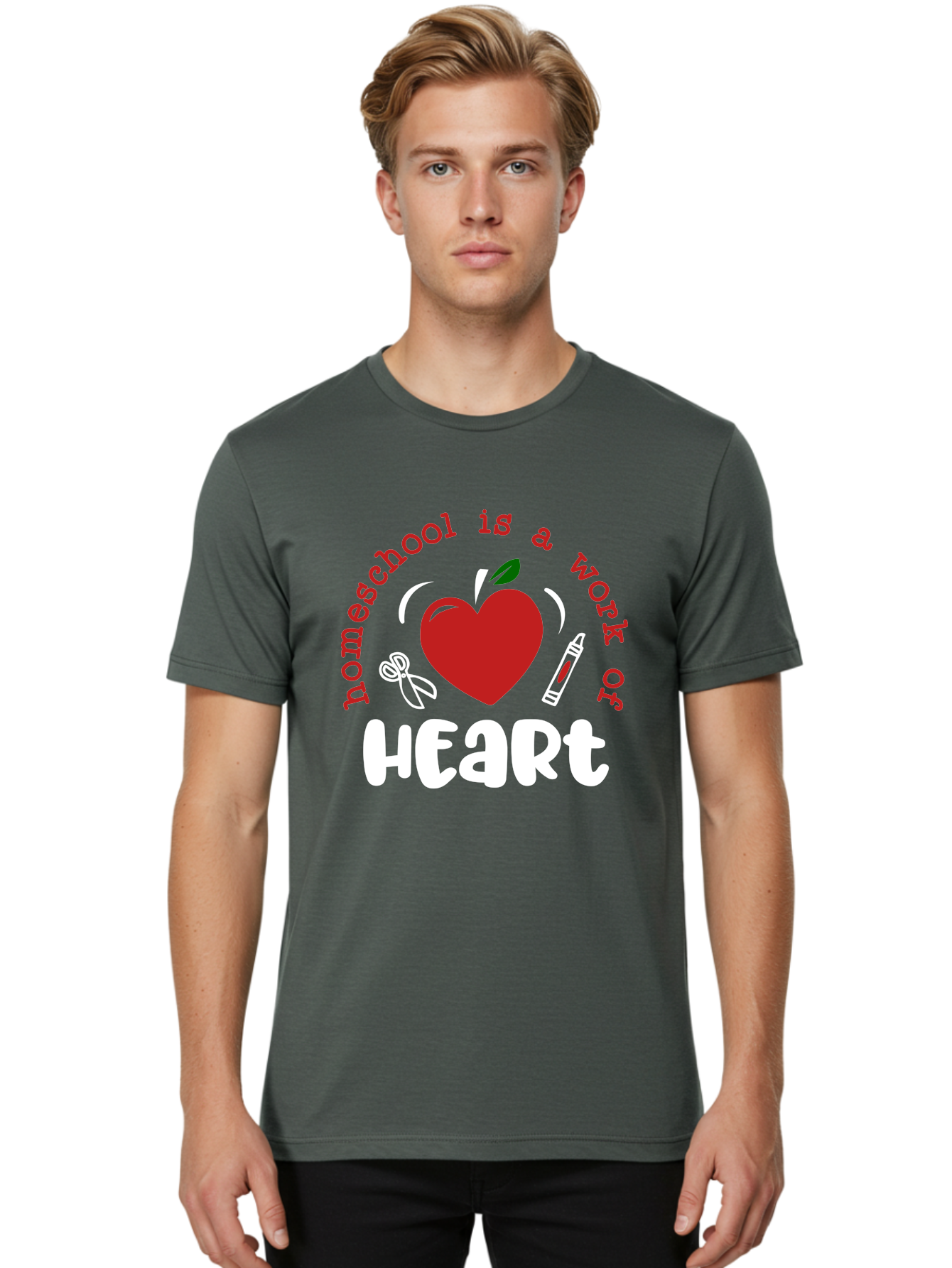 Homeschool-Is-A-Work-Of-Heart-1 Men'S Graphic Tee, 100% Cotton, Comfortable Casual Summer Wear, Machine Washable, Homeschooling, Heart-Shaped Apple, Educational Graphics, School Supplies, Red Crayon, Inspirational Quote, Home Education, Aab346 30