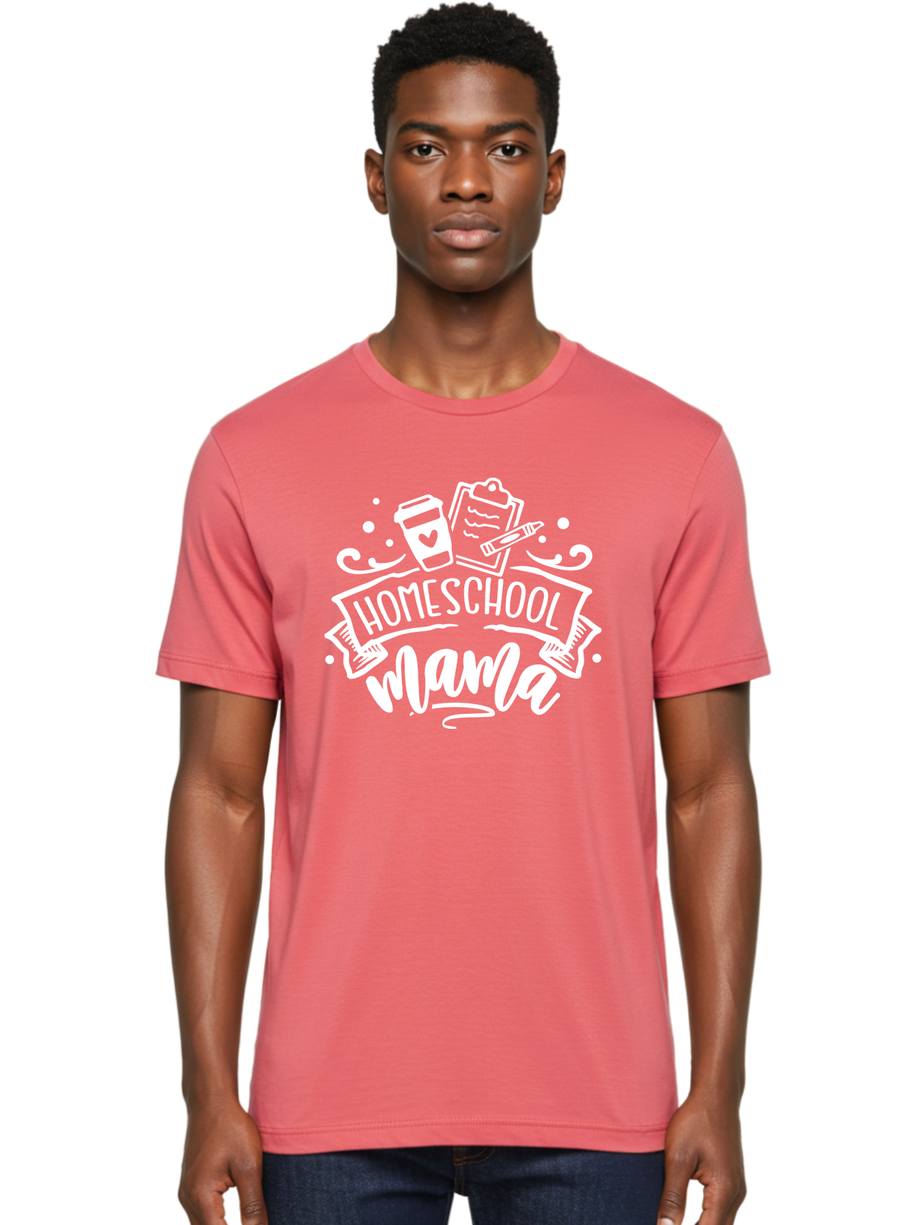 Homeschool-Mama-1 Men'S Graphic Tee, 100% Cotton, Comfortable Casual Summer Wear, Machine Washable, Homeschool Mama, Coffee Cup, Pencil, Clipboard, White Doodles, Swirls And Dots, Back To School, Homeschooling, Mom Life, Parenting, Education Aab364 8