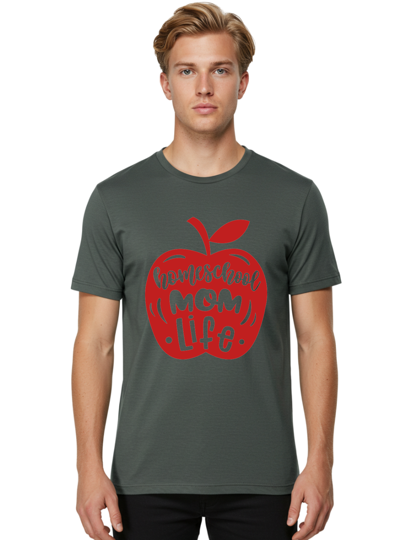 Homeschool-Mom-Life-2 Men'S Graphic Tee, 100% Cotton, Comfortable Casual Summer Wear, Machine Washable, Homeschool Mom Life, Apple Graphic, Red Apple, Green Text, Mom Life, Homeschooling, Parenting, Education, Learning At Home Aab374 4