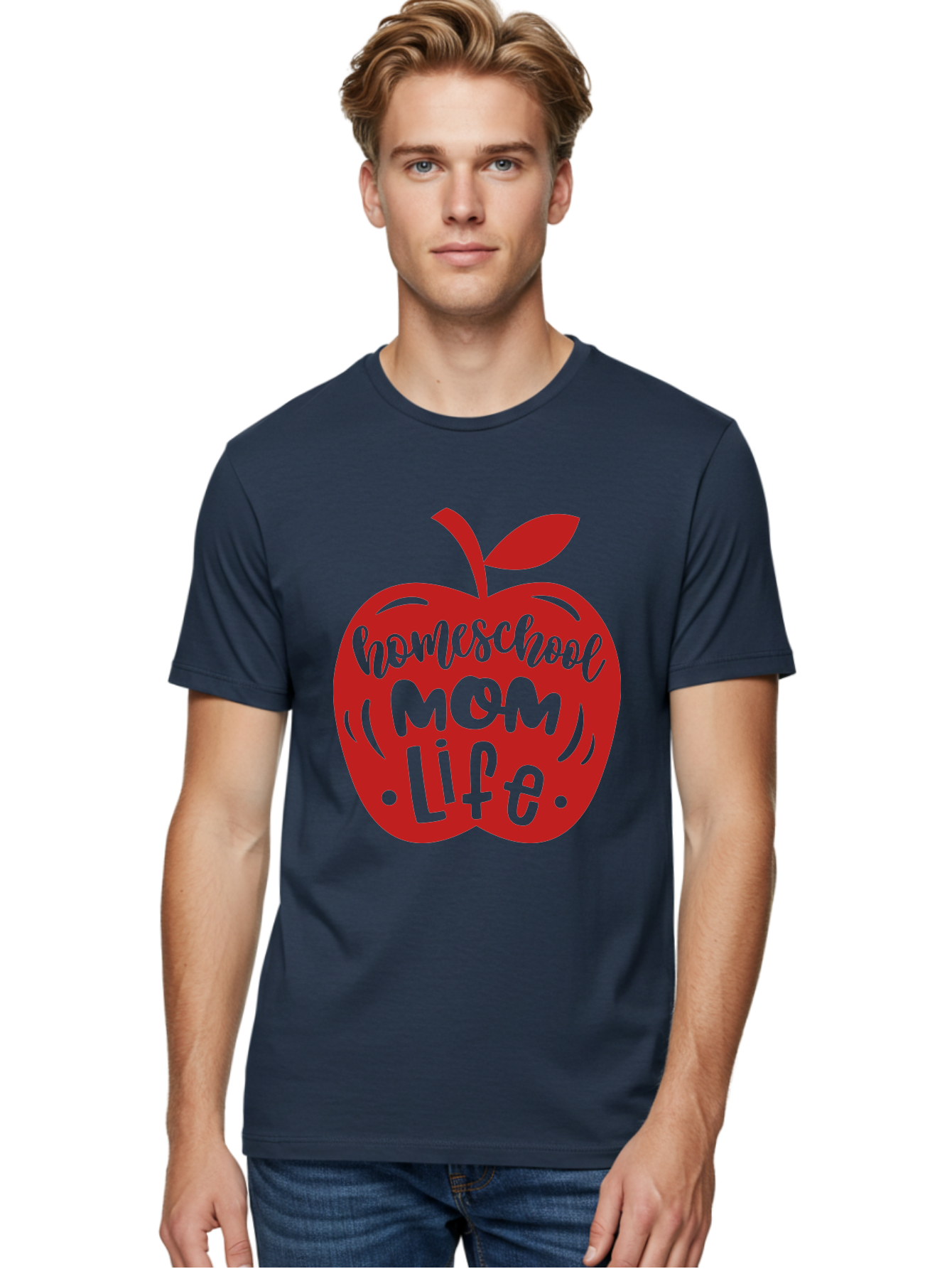 Homeschool-Mom-Life-2 Men'S Graphic Tee, 100% Cotton, Comfortable Casual Summer Wear, Machine Washable, Homeschool Mom Life, Apple Graphic, Red Apple, Green Text, Mom Life, Homeschooling, Parenting, Education, Learning At Home Aab374 6
