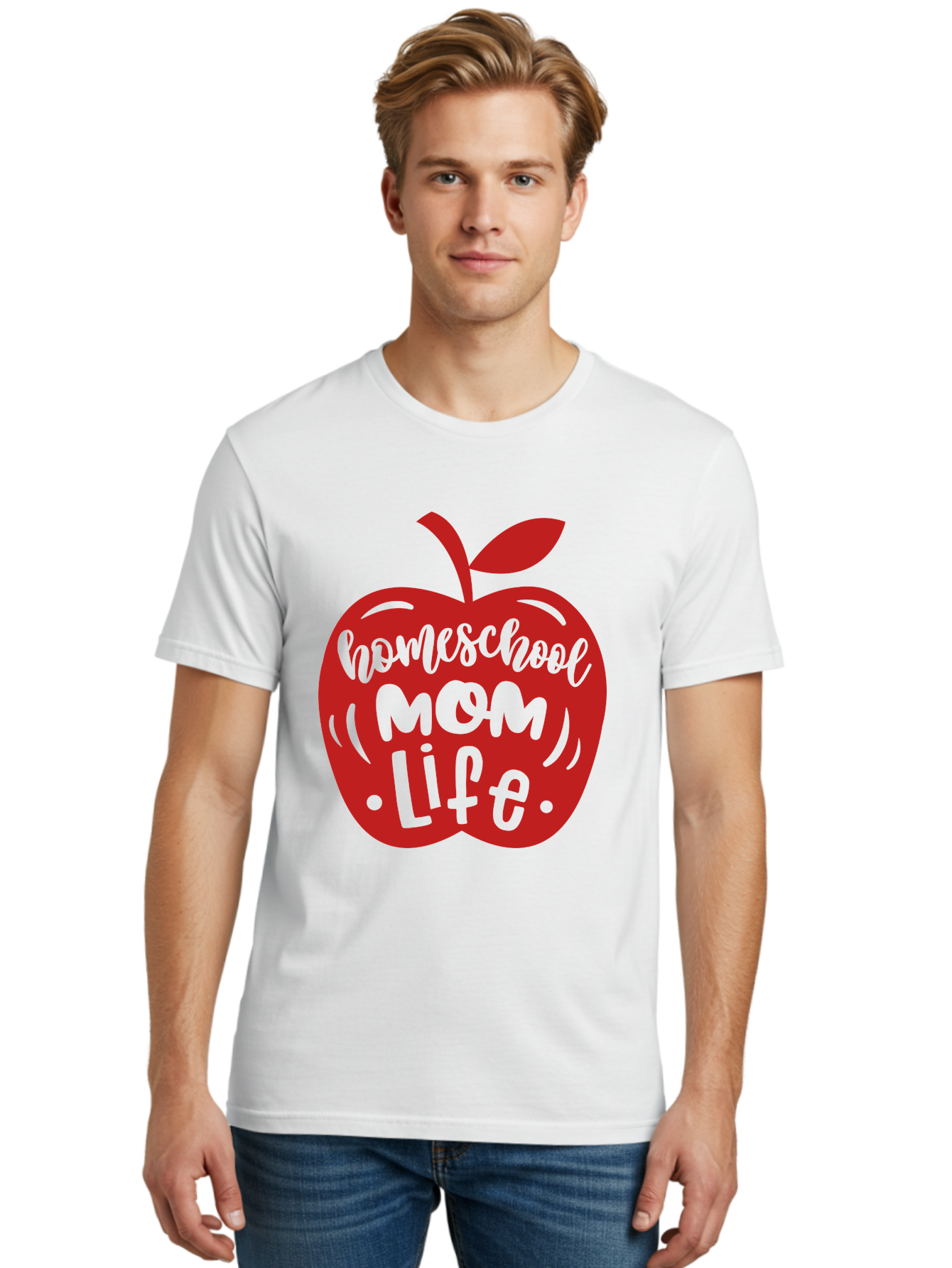 Homeschool-Mom-Life-2 Men'S Graphic Tee, 100% Cotton, Comfortable Casual Summer Wear, Machine Washable, Homeschool Mom Life, Apple Graphic, Red Apple, Green Text, Mom Life, Homeschooling, Parenting, Education, Learning At Home Aab374 22