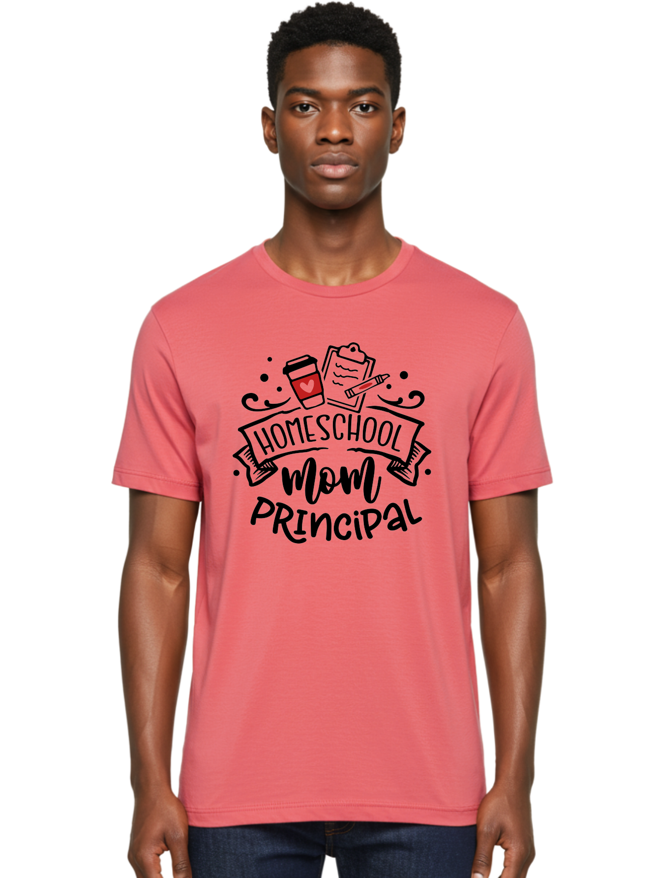 Homeschool-Mom-Principal-1 Men'S Graphic Tee, 100% Cotton, Comfortable Casual Summer Wear, Machine Washable, Homeschool Mom, Principal, Coffee Cup, Red Heart, Clipboard, Pencil, Education, Learning, Parenting, Homeschooling, Teaching, Aab376 24