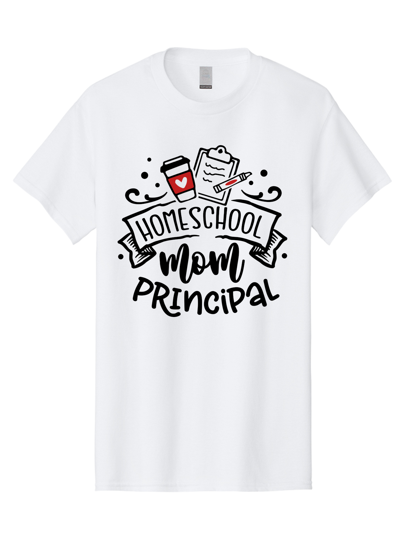 Homeschool-Mom-Principal-1 Men'S Graphic Tee, 100% Cotton, Comfortable Casual Summer Wear, Machine Washable, Homeschool Mom, Principal, Coffee Cup, Red Heart, Clipboard, Pencil, Education, Learning, Parenting, Homeschooling, Teaching, Aab376 21