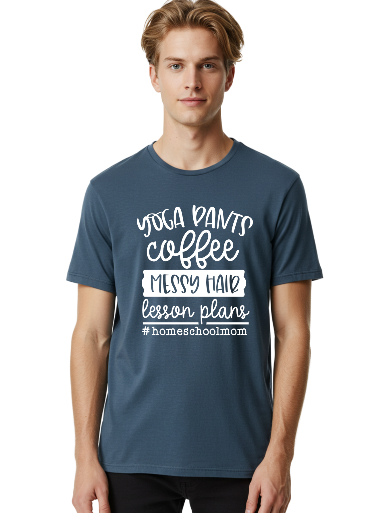 Homeschool-Mom Men'S Graphic Tee, 100% Cotton, Comfortable Casual Summer Wear, Machine Washable, Homeschool Mom, Yoga Pants, Coffee Fuel, Messy Hair, Lesson Plans, Homeschooling Lifestyle, Mom Life, Homeschool Routine, Coffee Lover Aab384 8