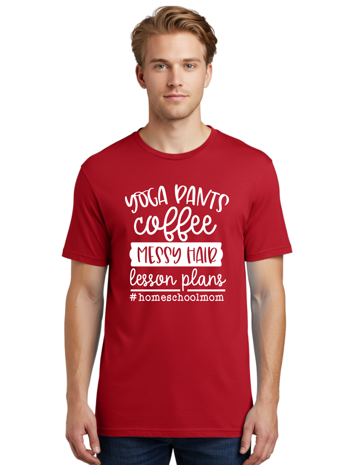 Homeschool-Mom Men'S Graphic Tee, 100% Cotton, Comfortable Casual Summer Wear, Machine Washable, Homeschool Mom, Yoga Pants, Coffee Fuel, Messy Hair, Lesson Plans, Homeschooling Lifestyle, Mom Life, Homeschool Routine, Coffee Lover Aab384 30