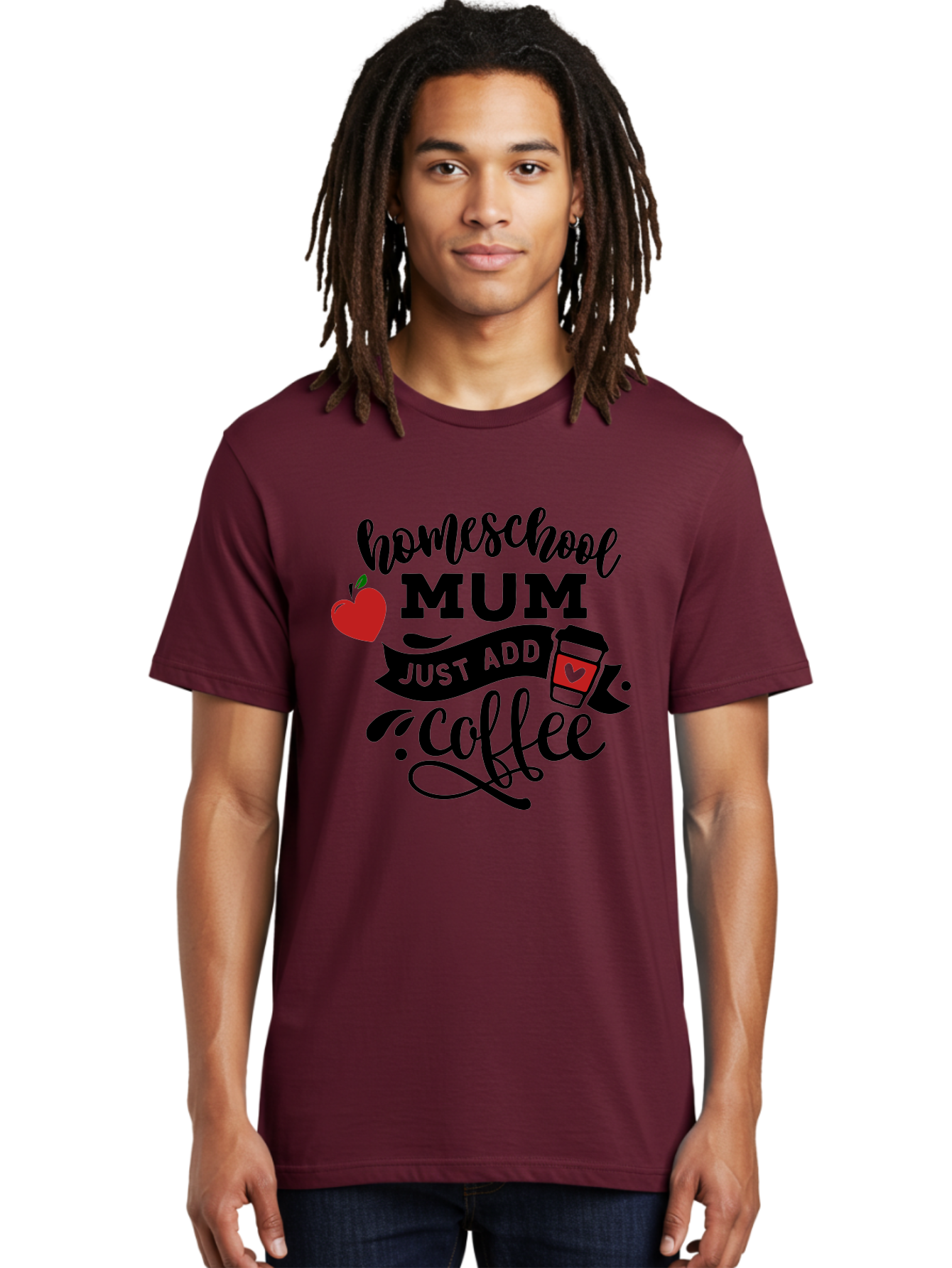 Homeschool-Mum-Just-Add-Coffee-1 Men'S Graphic Tee, 100% Cotton, Comfortable Casual Summer Wear, Machine Washable, Homeschool Mum, Coffee Lover, Homeschooling, Parenting, Coffee Cup, Apple, Education, Humor Aab388 18