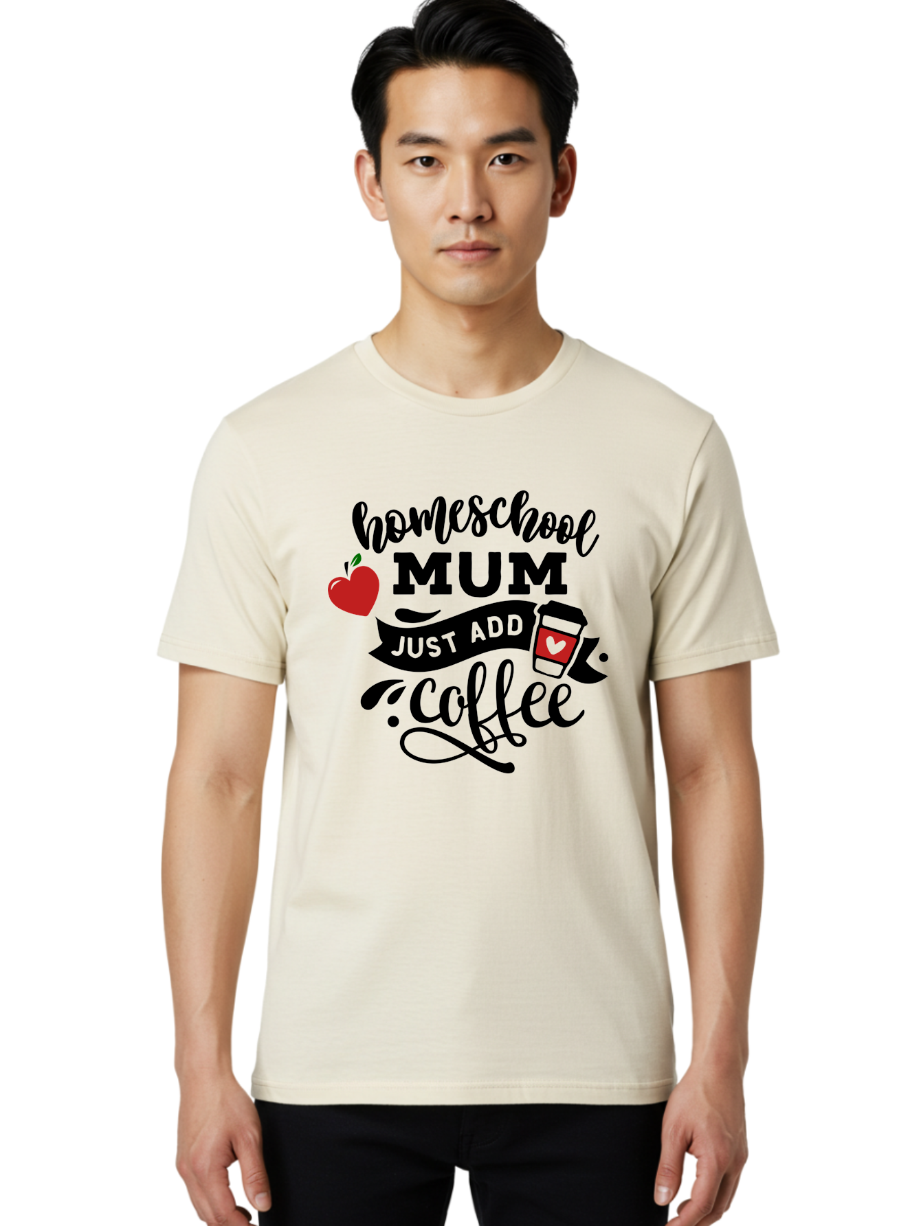Homeschool-Mum-Just-Add-Coffee-1 Men'S Graphic Tee, 100% Cotton, Comfortable Casual Summer Wear, Machine Washable, Homeschool Mum, Coffee Lover, Homeschooling, Parenting, Coffee Cup, Apple, Education, Humor Aab388 8
