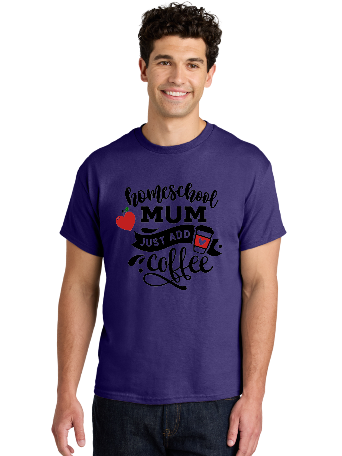 Homeschool-Mum-Just-Add-Coffee-1 Men'S Graphic Tee, 100% Cotton, Comfortable Casual Summer Wear, Machine Washable, Homeschool Mum, Coffee Lover, Homeschooling, Parenting, Coffee Cup, Apple, Education, Humor Aab388 12
