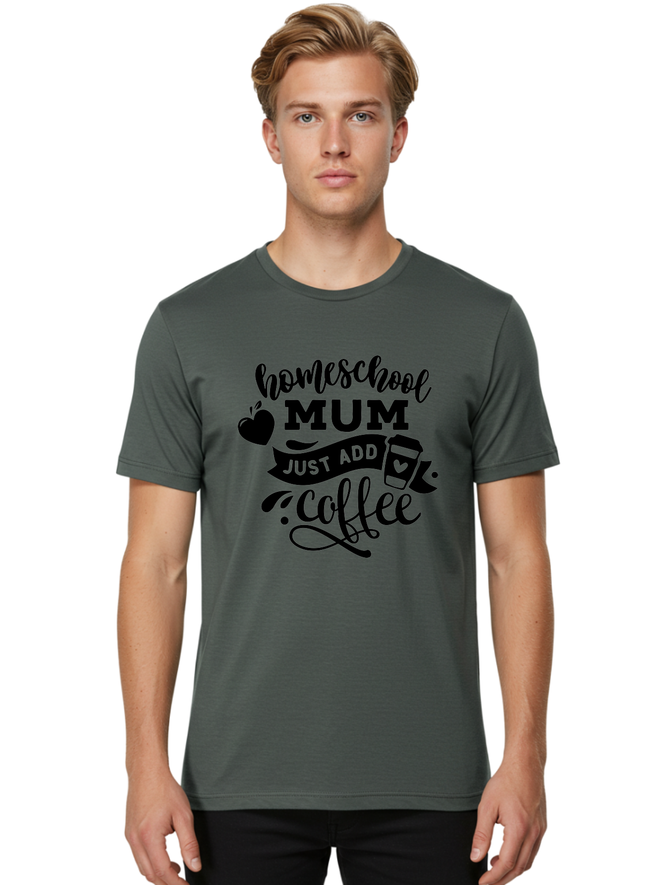 Homeschool-Mum-Just-Add-Coffee Men'S Graphic Tee, 100% Cotton, Comfortable Casual Summer Wear, Machine Washable, Homeschool Mum, Coffee Quote, Funny Homeschooling, Coffee Humor, Mom Life, Homeschooling Mom, Coffee Lover, Quirky Mom Aab389 8