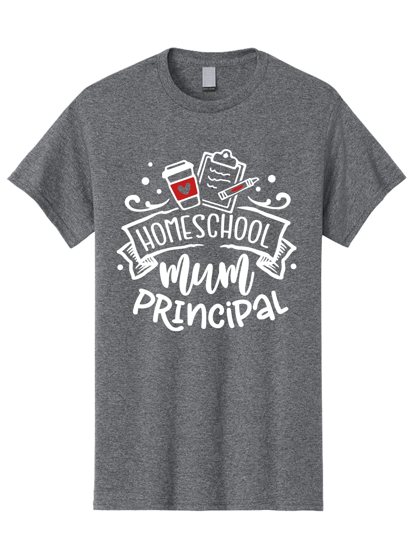 Homeschool-Mum-Principal-2 Men'S Graphic Tee, 100% Cotton, Comfortable Casual Summer Wear, Machine Washable, Homeschool, Homeschooling, Education, Learning, Parenting, Motherhood, Coffee, Clipboard, Marker, Heart, Homeschool Mum Aab394 23