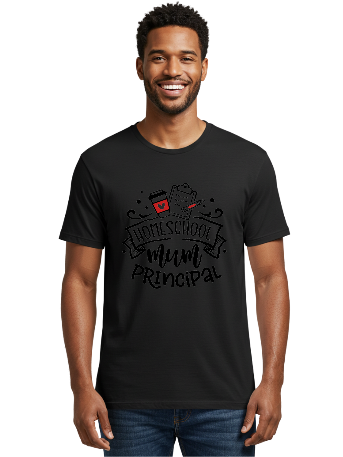Homeschool-Mum-Principal-3 Men'S Graphic Tee, 100% Cotton, Comfortable Casual Summer Wear, Machine Washable, Homeschool Mum, Principal, Education, Learning, Teaching, Coffee Cup, Clipboard, Pencil, Doodle Art, Playful Design, Aab395 26