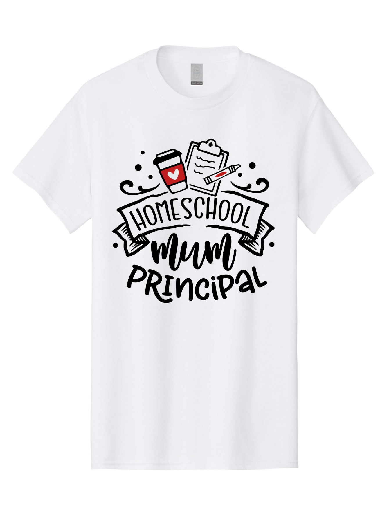 Homeschool-Mum-Principal-3 Men'S Graphic Tee, 100% Cotton, Comfortable Casual Summer Wear, Machine Washable, Homeschool Mum, Principal, Education, Learning, Teaching, Coffee Cup, Clipboard, Pencil, Doodle Art, Playful Design, Aab395 23