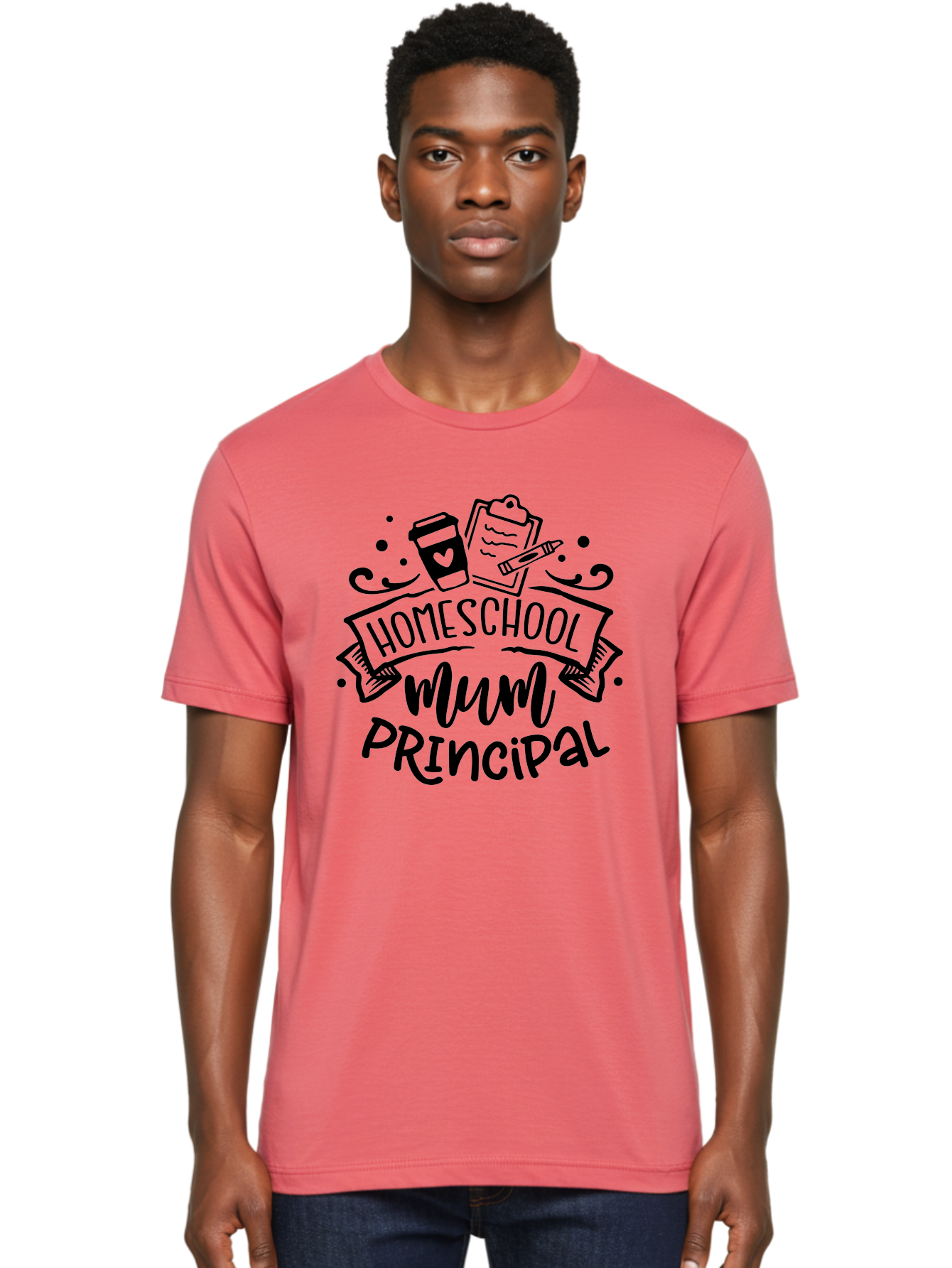 Homeschool-Mum-Principal Men'S Graphic Tee, 100% Cotton, Comfortable Casual Summer Wear, Machine Washable, Homeschool Mum Principal, Homeschooling, Education, Learning, Mom, Principal, Coffee Cup, Clipboard, Pencil, Doodle Art, Hand Drawn, Aab396 18