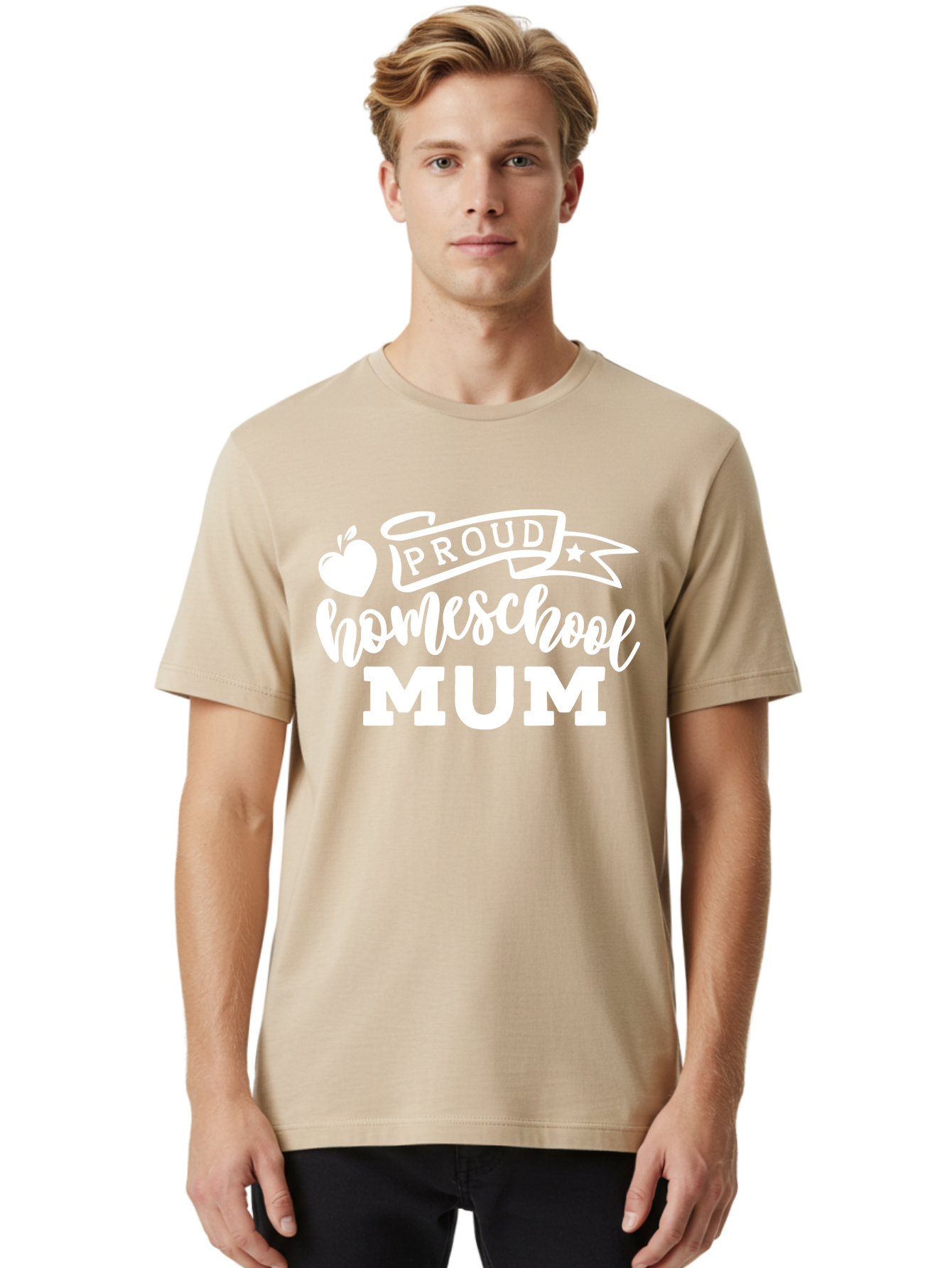 Proud-Homeschool-Mum-1 Men'S Graphic Tee, 100% Cotton, Comfortable Casual Summer Wear, Machine Washable, Homeschool Mom, Proud Parent, Homeschooling, Motherhood, Education, Apple Logo, Star Symbol, Banner Design, Parent Teacher, Aab425 6