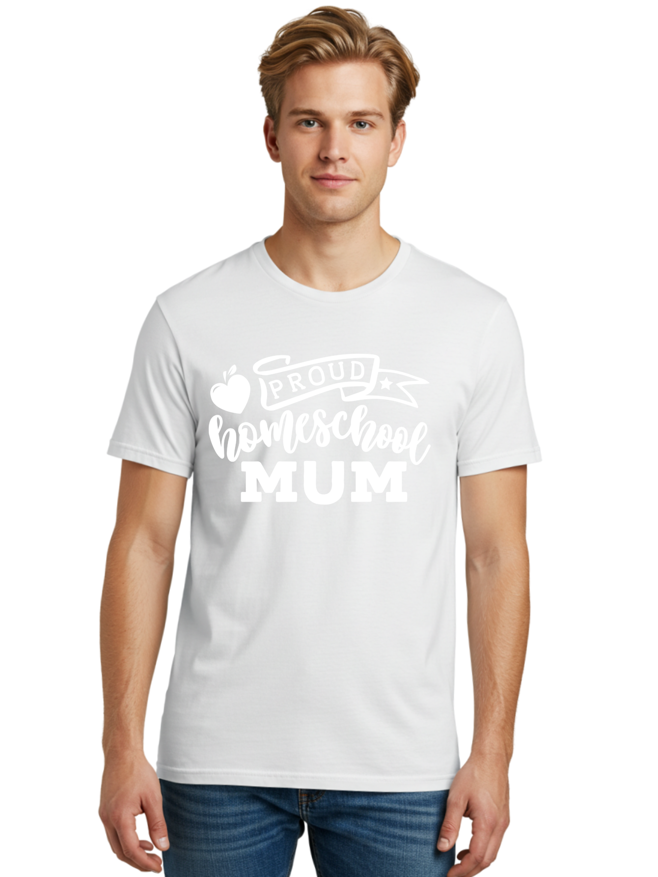 Proud-Homeschool-Mum-1 Men'S Graphic Tee, 100% Cotton, Comfortable Casual Summer Wear, Machine Washable, Homeschool Mom, Proud Parent, Homeschooling, Motherhood, Education, Apple Logo, Star Symbol, Banner Design, Parent Teacher, Aab425 26
