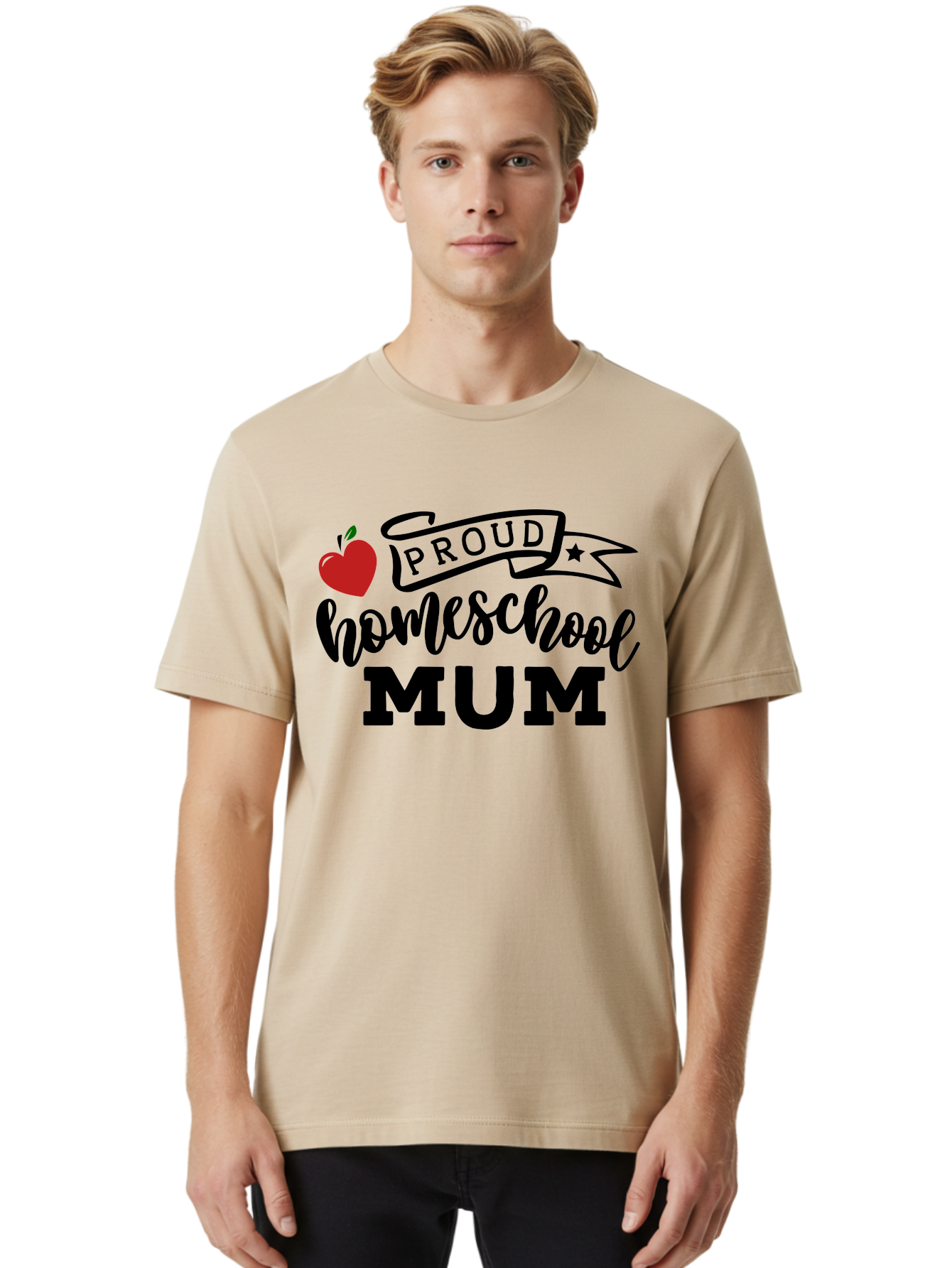 Proud-Homeschool-Mum-3 Men'S Graphic Tee, 100% Cotton, Comfortable Casual Summer Wear, Machine Washable, Homeschool Mom, Proud Parent, Apple Graphic, Inspirational Quote, Black Lettering, Bold Font, Motivational Message, Parenting Pride, Aab427 28