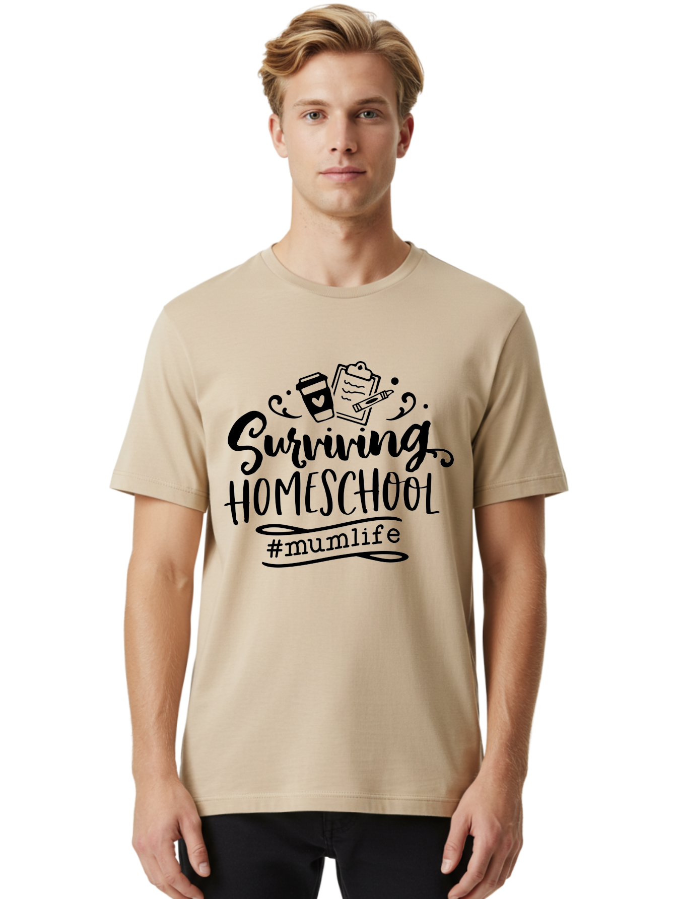 Surviving-Homeschool-2 Men'S Graphic Tee, 100% Cotton, Comfortable Casual Summer Wear, Machine Washable, Homeschooling, Parenting, Motherhood, Education, Coffee Cup, Clipboard, Mum Life, #Mumlife, Learning At Home, Homeschool Survival Aab433 10