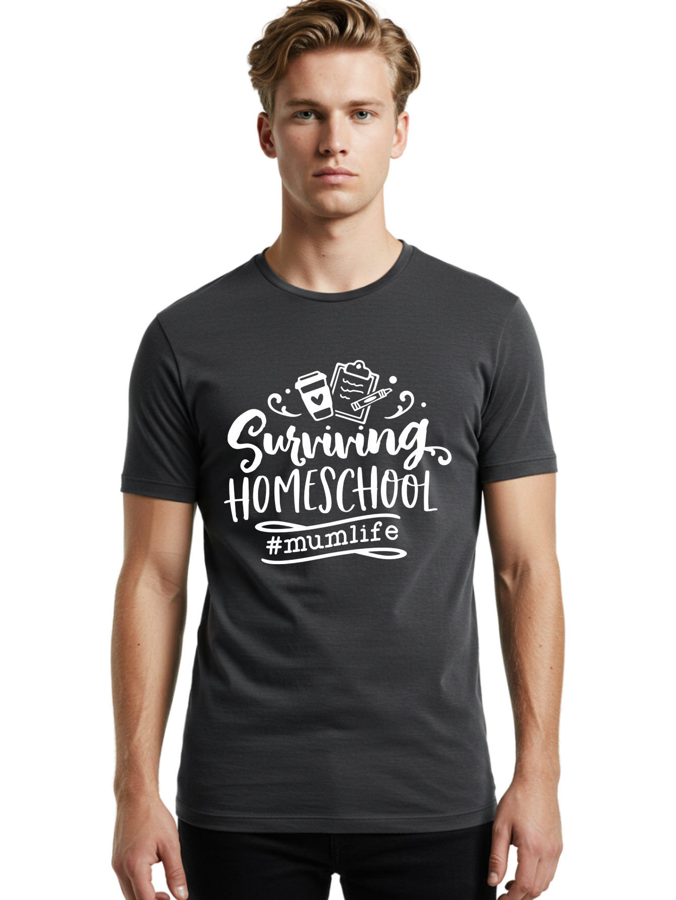 Surviving-Homeschool-3 Men'S Graphic Tee, 100% Cotton, Comfortable Casual Summer Wear, Machine Washable, Homeschooling, Mom Life, Parenting, Education, Teaching, Learning, #Mumlif, School Supplies, Coffee Cup, Clipboard Aab434 30