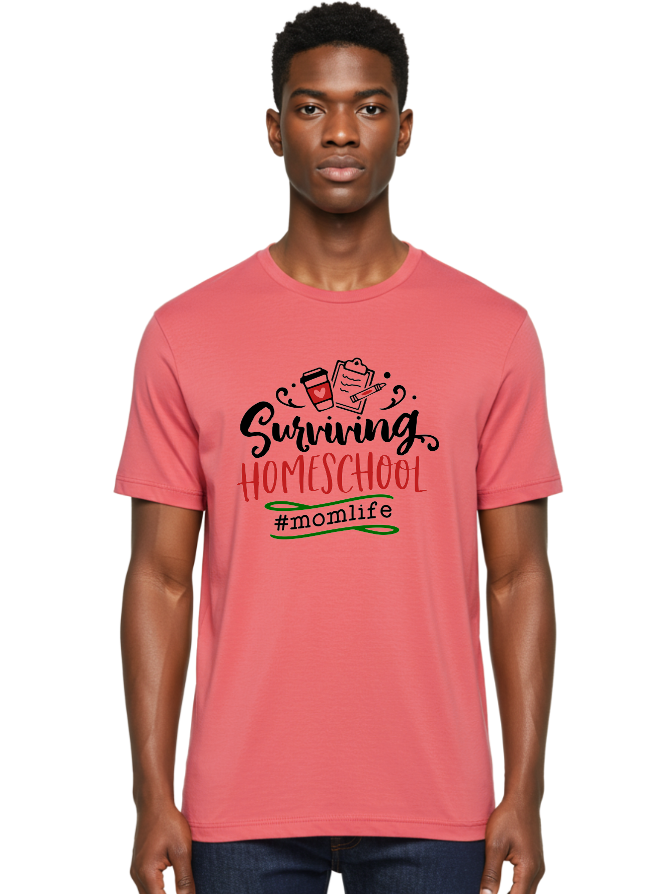 Surviving-Homeschool-9 Men'S Graphic Tee, 100% Cotton, Comfortable Casual Summer Wear, Machine Washable, Homeschool, Mom Life, Coffee Cup, Clipboard, Pencil, Motherhood, Parenting, Education, Homeschooling, Survival Tips, Parenting Struggles, Aab440 22