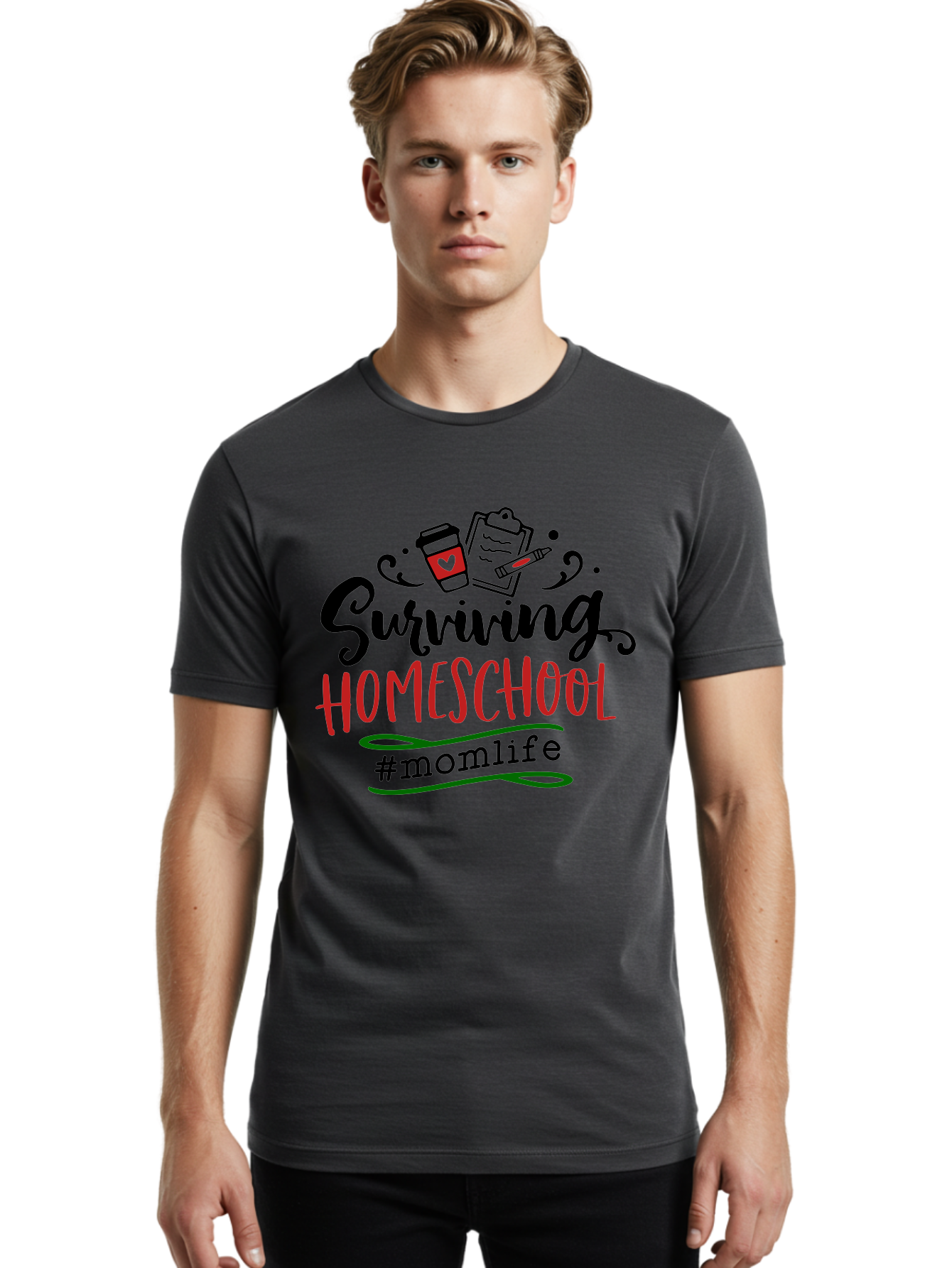Surviving-Homeschool-9 Men'S Graphic Tee, 100% Cotton, Comfortable Casual Summer Wear, Machine Washable, Homeschool, Mom Life, Coffee Cup, Clipboard, Pencil, Motherhood, Parenting, Education, Homeschooling, Survival Tips, Parenting Struggles, Aab440 28