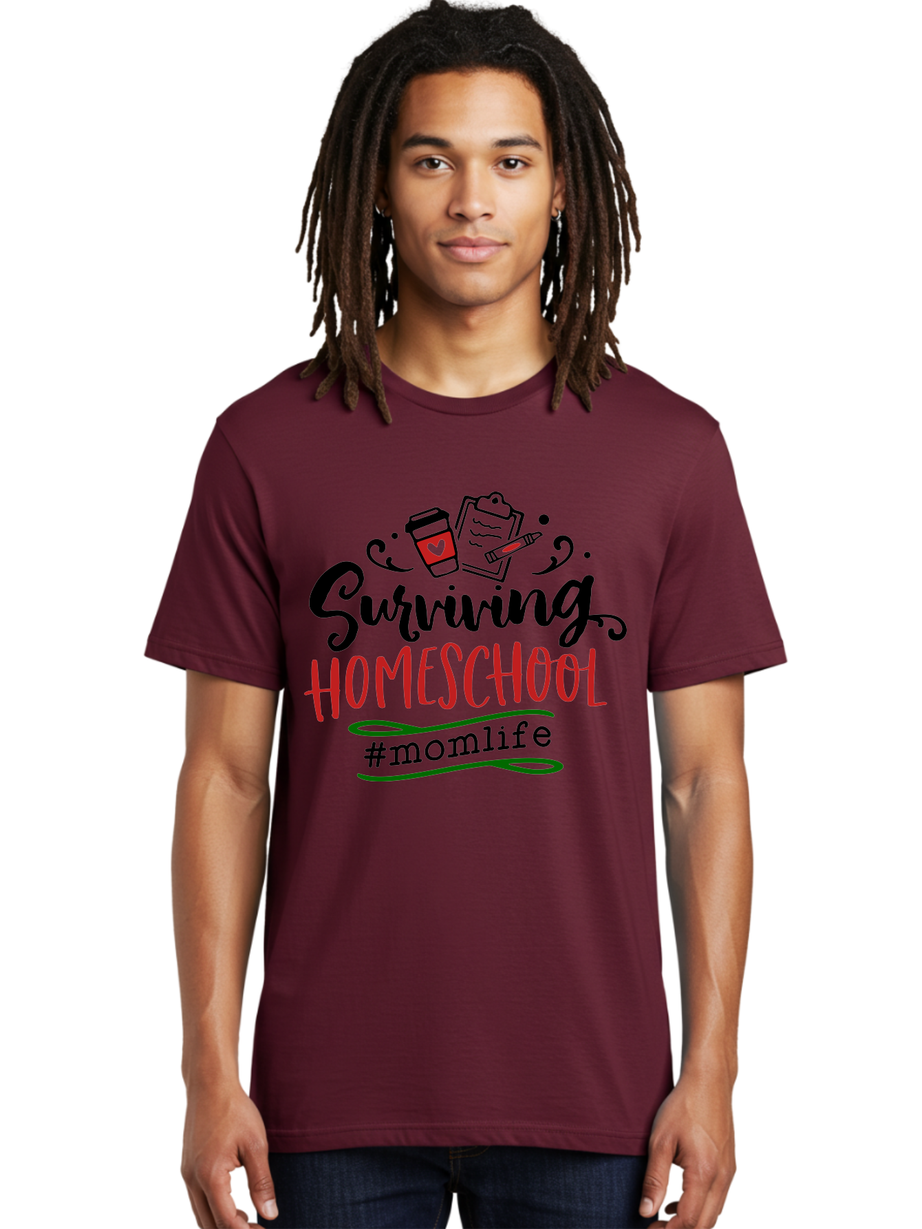 Surviving-Homeschool-9 Men'S Graphic Tee, 100% Cotton, Comfortable Casual Summer Wear, Machine Washable, Homeschool, Mom Life, Coffee Cup, Clipboard, Pencil, Motherhood, Parenting, Education, Homeschooling, Survival Tips, Parenting Struggles, Aab440 18