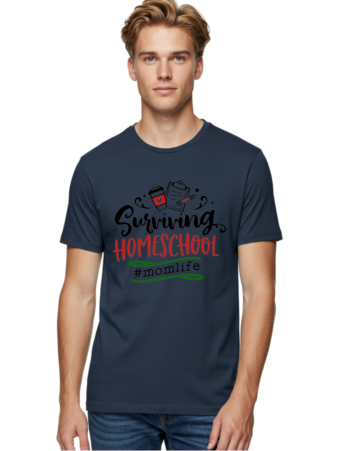 Surviving-Homeschool-9 Men'S Graphic Tee, 100% Cotton, Comfortable Casual Summer Wear, Machine Washable, Homeschool, Mom Life, Coffee Cup, Clipboard, Pencil, Motherhood, Parenting, Education, Homeschooling, Survival Tips, Parenting Struggles, Aab440 10