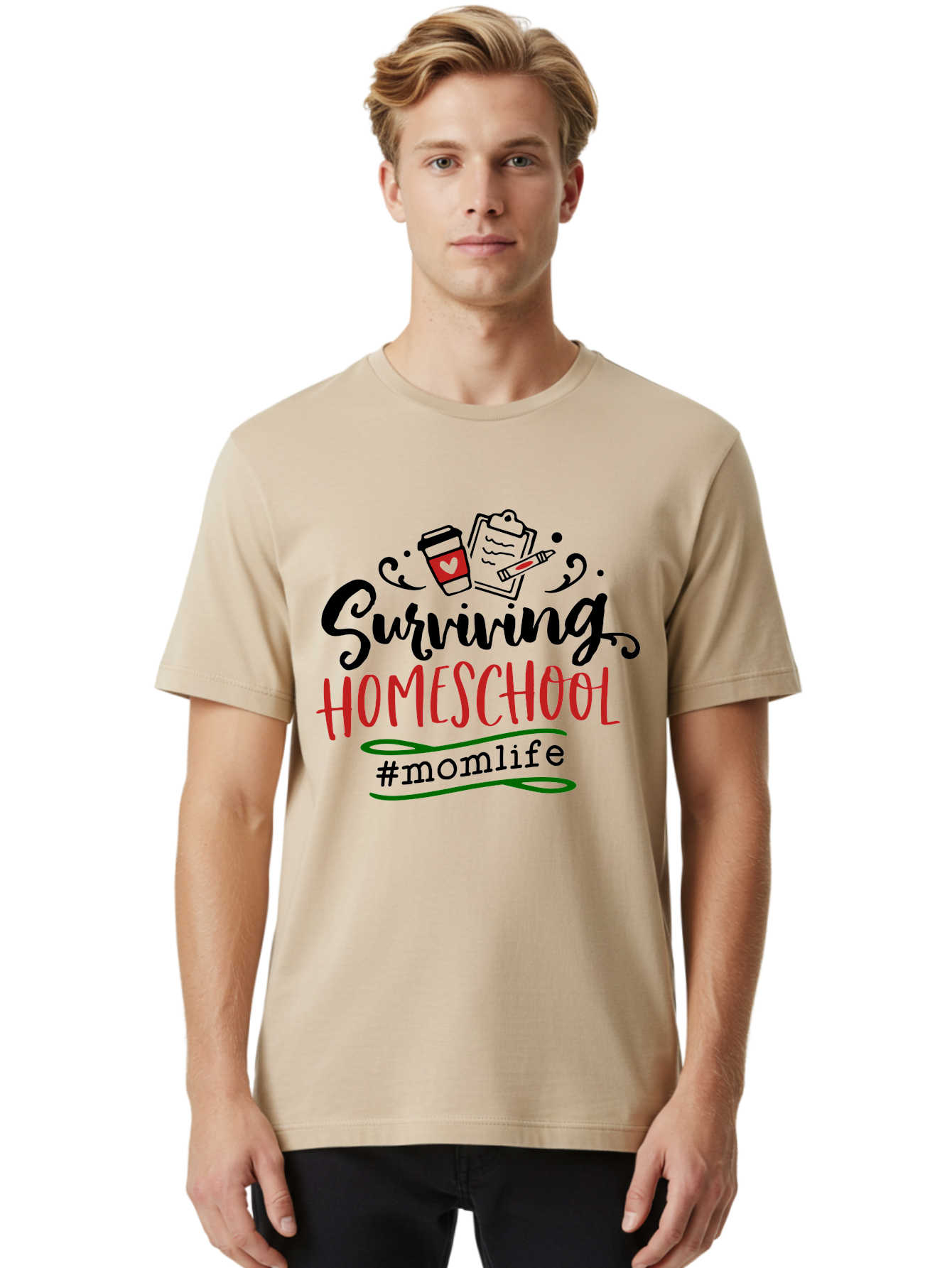 Surviving-Homeschool-9 Men'S Graphic Tee, 100% Cotton, Comfortable Casual Summer Wear, Machine Washable, Homeschool, Mom Life, Coffee Cup, Clipboard, Pencil, Motherhood, Parenting, Education, Homeschooling, Survival Tips, Parenting Struggles, Aab440 24