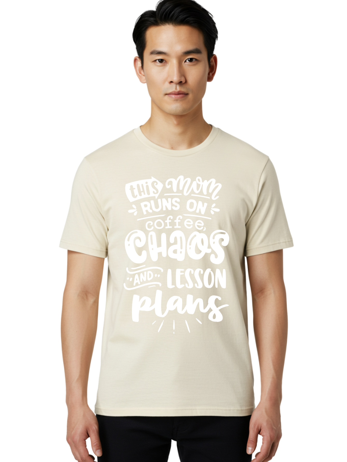 This-Mom-Runs-On-Coffee-Chaos-And-Lesson-Plans Men'S Graphic Tee, 100% Cotton, Comfortable Casual Summer Wear, Machine Washable, Funny Mom Quote, Mom Life, Coffee Humor, Teacher Mom, Chaotic Parenting, Lesson Plans, Mom Humor, Humorous Quote, Aab450 30