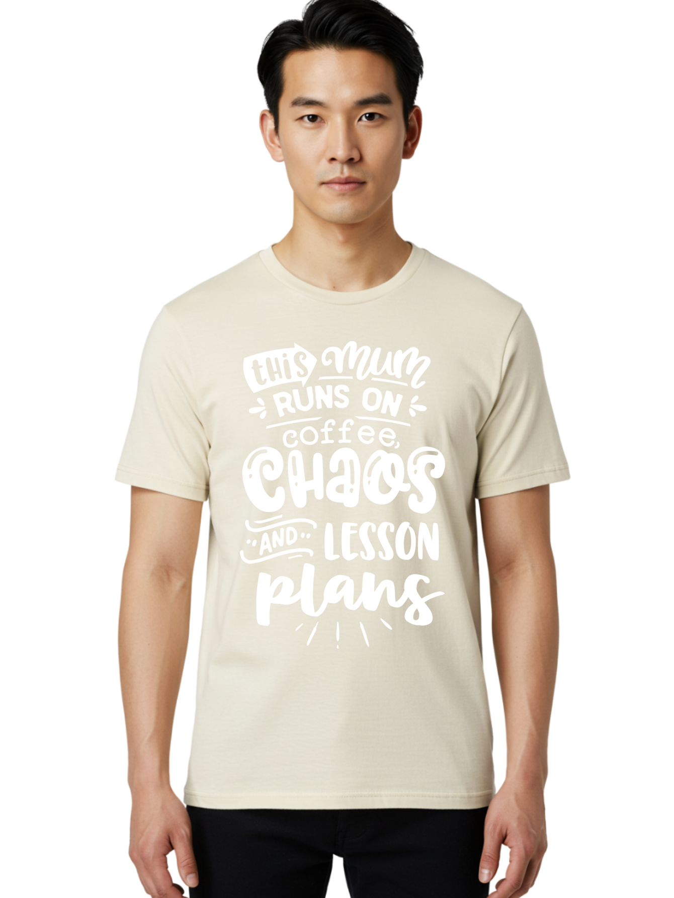 This-Mum-Runs-On-Coffee-Chaos-And-Lesson-Plans Men'S Graphic Tee, 100% Cotton, Comfortable Casual Summer Wear, Machine Washable, Funny Mom Quote, Teacher Humor, Coffee Lover, Chaotic Life, Lesson Plans, Mom Life, Teacher Life, Humorous Quote, Aab451 2
