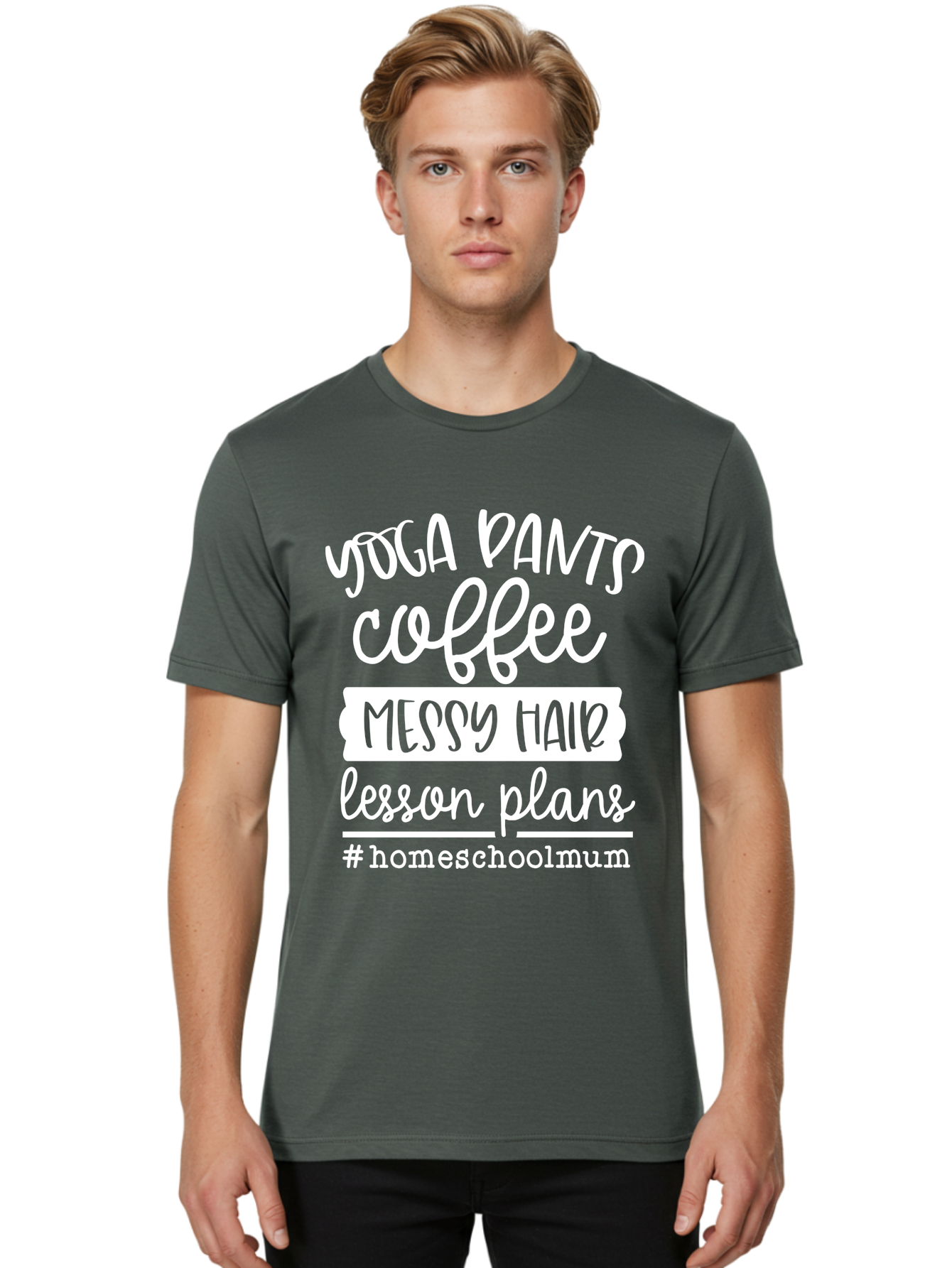 Yoga-Pants-Coffee-Messy-Hair-Lesson-Plans Men'S Graphic Tee, 100% Cotton, Comfortable Casual Summer Wear, Machine Washable, Homeschooling Mom, Yoga Pants, Messy Bun, Coffee Break, Lesson Plans, Mom Life, Homeschooling Lifestyle, Aab460 12