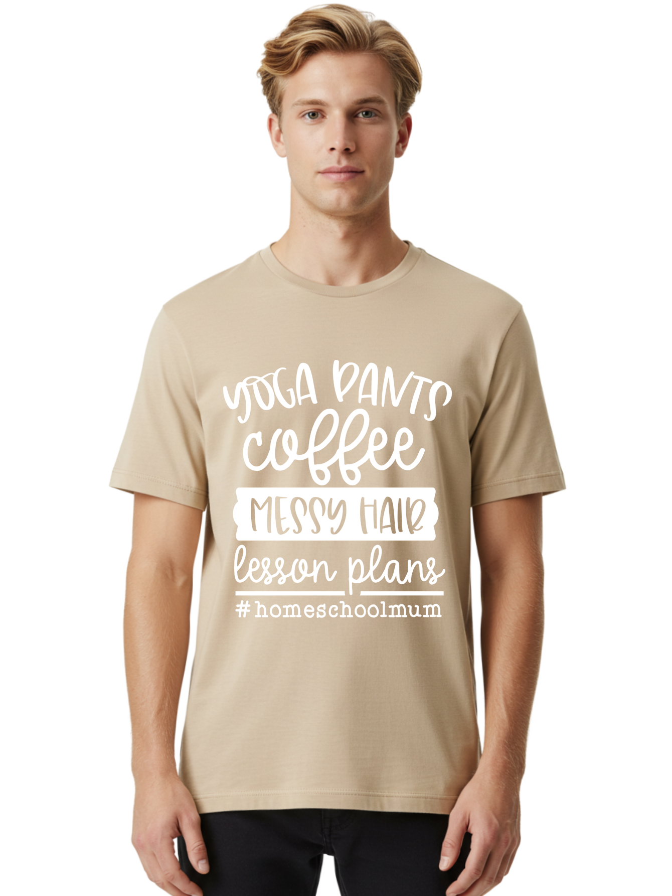 Yoga-Pants-Coffee-Messy-Hair-Lesson-Plans Men'S Graphic Tee, 100% Cotton, Comfortable Casual Summer Wear, Machine Washable, Homeschooling Mom, Yoga Pants, Messy Bun, Coffee Break, Lesson Plans, Mom Life, Homeschooling Lifestyle, Aab460 24
