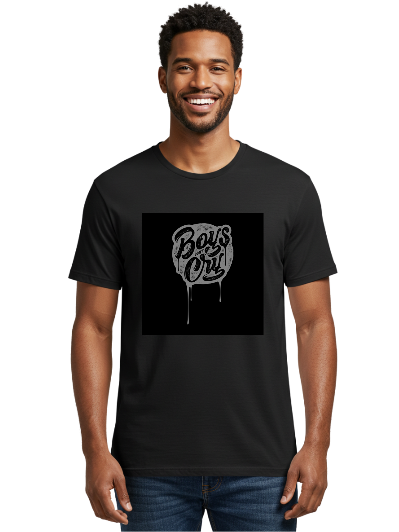 Boys-Don-T-Cry Men'S Graphic Tee, 100% Cotton, Comfortable Casual Summer Wear, Machine Washable, Boys Don'T Cry, Emotional Strength, Bold Typography, Grey Paint Drips, Black Background, Graphic Design, Urban Style, Rock Music, Typographic Art, Aab463 2