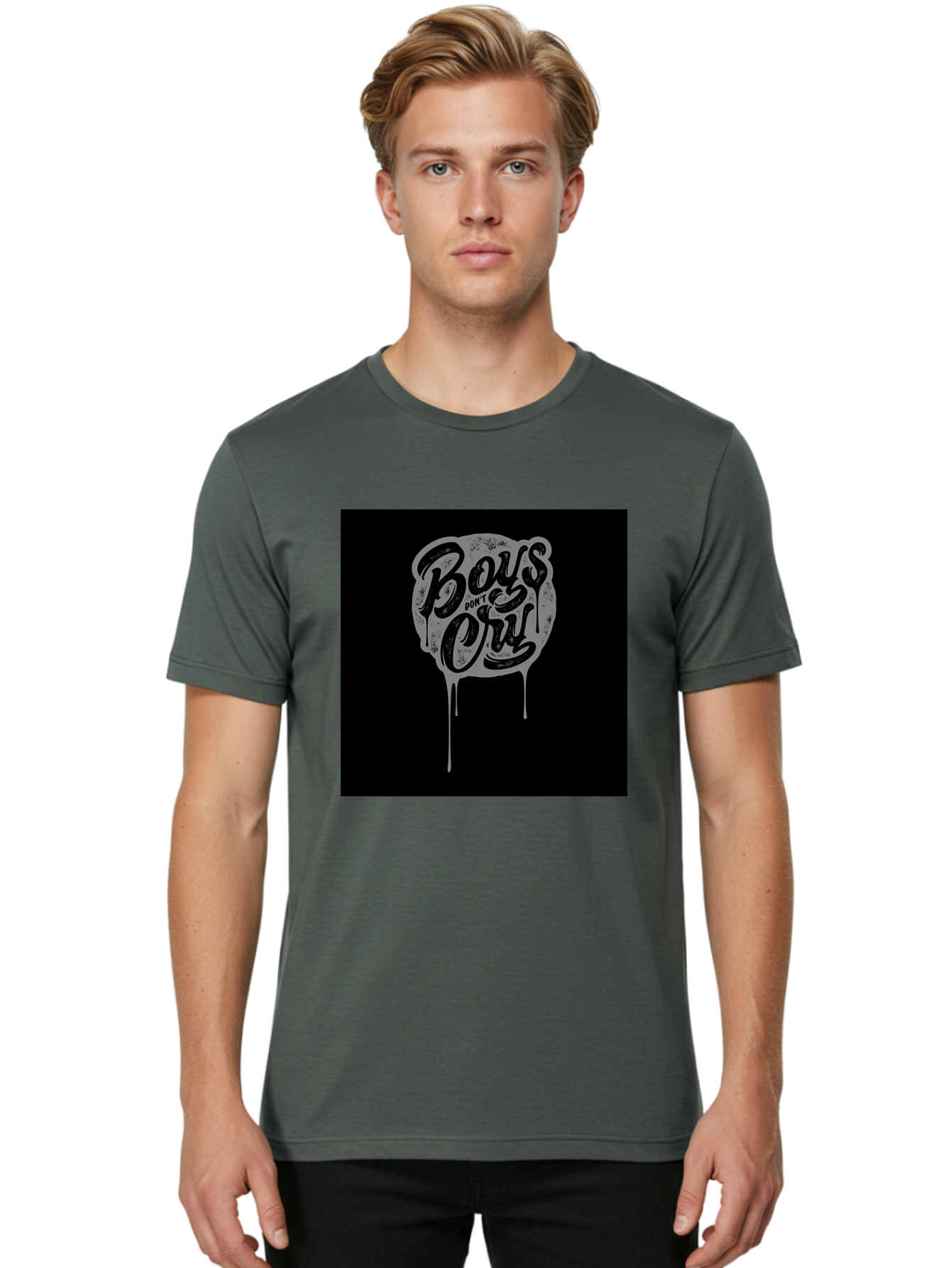 Boys-Don-T-Cry Men'S Graphic Tee, 100% Cotton, Comfortable Casual Summer Wear, Machine Washable, Boys Don'T Cry, Emotional Strength, Bold Typography, Grey Paint Drips, Black Background, Graphic Design, Urban Style, Rock Music, Typographic Art, Aab463 4