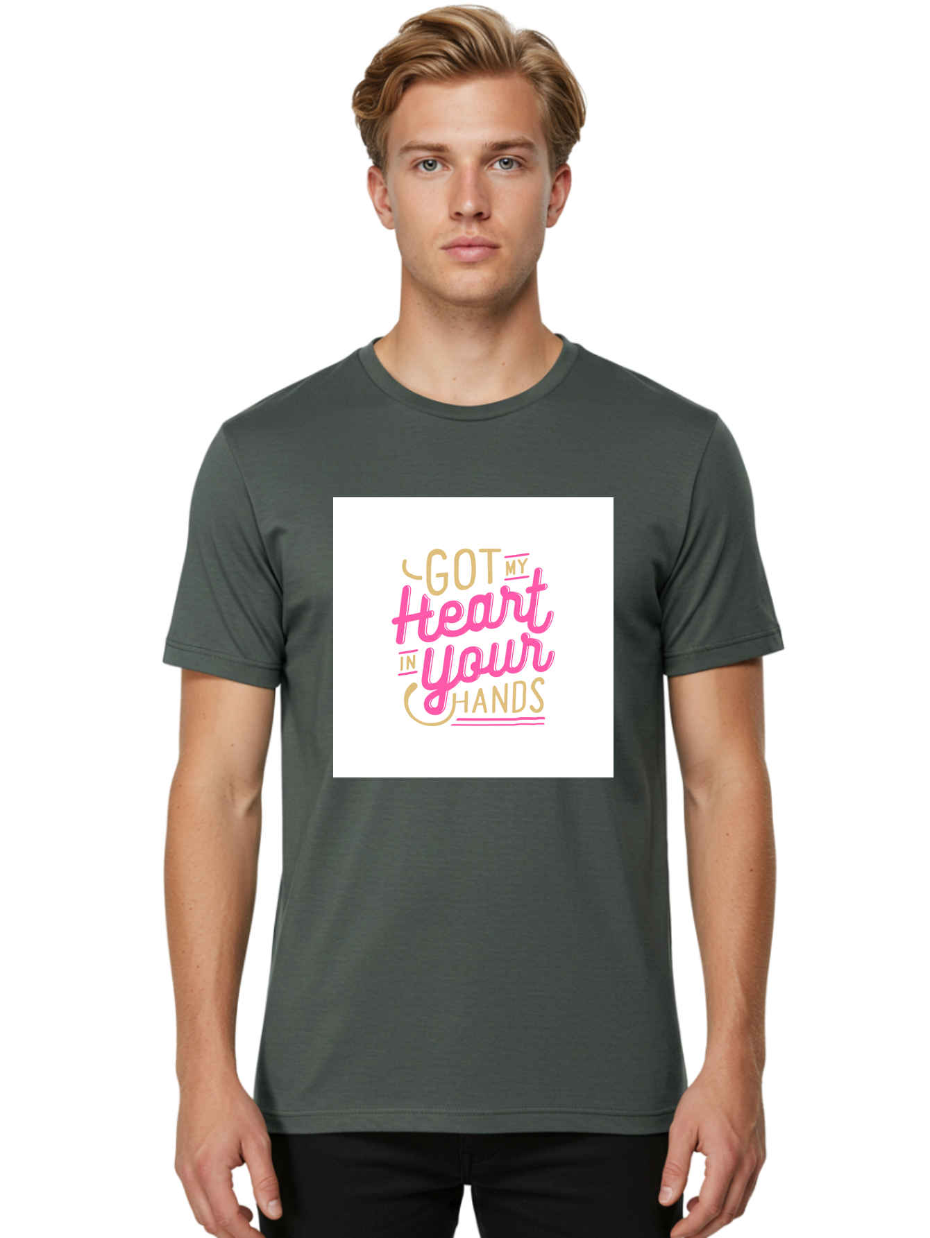 Got-My-Heart-In-Your-Hands Men'S Graphic Tee, 100% Cotton, Comfortable Casual Summer Wear, Machine Washable, Love Quote, Typography Art, Heartwarming Phrase, Gold And Pink Lettering, Inspirational Words, Romantic Gesture, Sweet Sentiment, Aab469 18