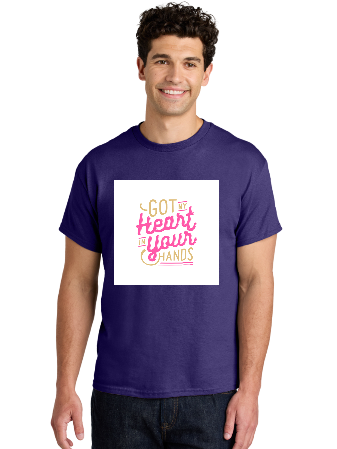 Got-My-Heart-In-Your-Hands Men'S Graphic Tee, 100% Cotton, Comfortable Casual Summer Wear, Machine Washable, Love Quote, Typography Art, Heartwarming Phrase, Gold And Pink Lettering, Inspirational Words, Romantic Gesture, Sweet Sentiment, Aab469 24