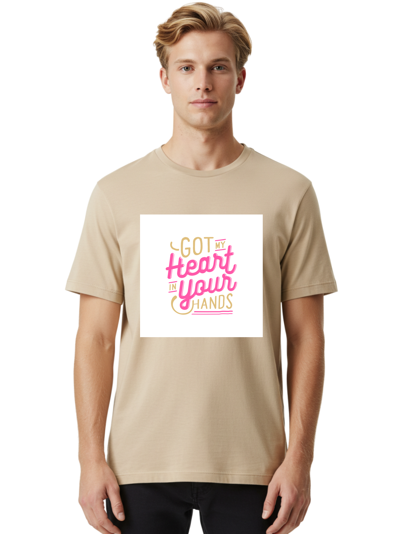 Got-My-Heart-In-Your-Hands Men'S Graphic Tee, 100% Cotton, Comfortable Casual Summer Wear, Machine Washable, Love Quote, Typography Art, Heartwarming Phrase, Gold And Pink Lettering, Inspirational Words, Romantic Gesture, Sweet Sentiment, Aab469 16