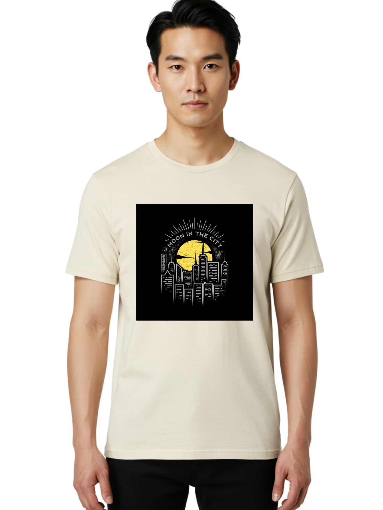 Moon-In-The-City Men'S Graphic Tee, 100% Cotton, Comfortable Casual Summer Wear, Machine Washable, City Skyline, Urban Landscape, Full Moon, Night Scene, Modern Architecture, Skyscrapers, Moonlit, City Life, Urban Ambiance, Nighttime Cityscape Aab474 18