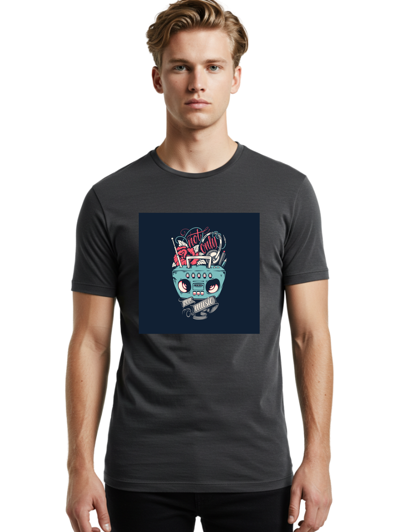 Not-Only-For-Music-Boombox Men'S Graphic Tee, 100% Cotton, Comfortable Casual Summer Wear, Machine Washable, Boombox Illustration, Cartoon Style, Vintage Electronics, Music Lovers, Retro Design, Cassette Tape, Headphones, Roses, Nostalgia, Aab475 4
