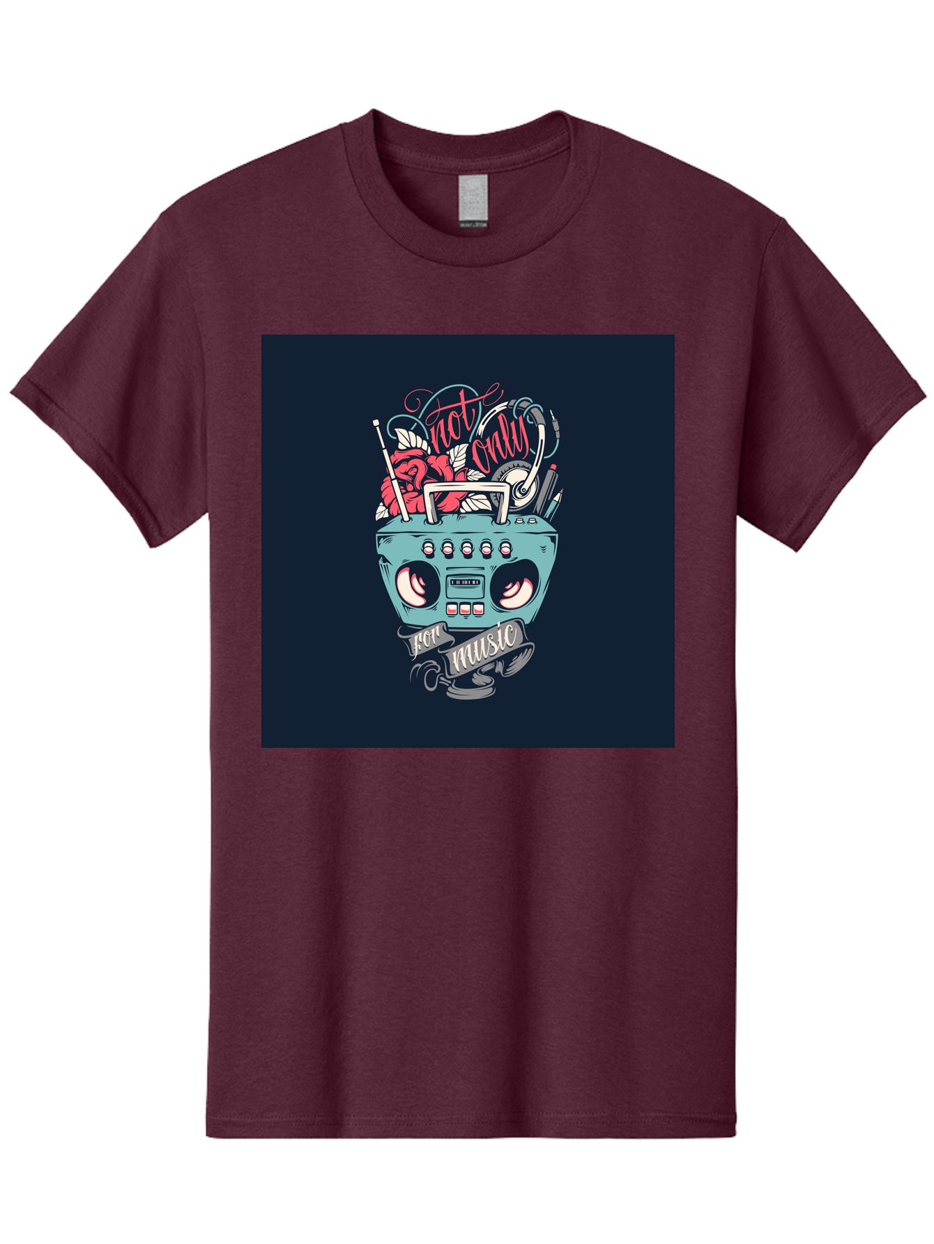 Not-Only-For-Music-Boombox Men'S Graphic Tee, 100% Cotton, Comfortable Casual Summer Wear, Machine Washable, Boombox Illustration, Cartoon Style, Vintage Electronics, Music Lovers, Retro Design, Cassette Tape, Headphones, Roses, Nostalgia, Aab475 1